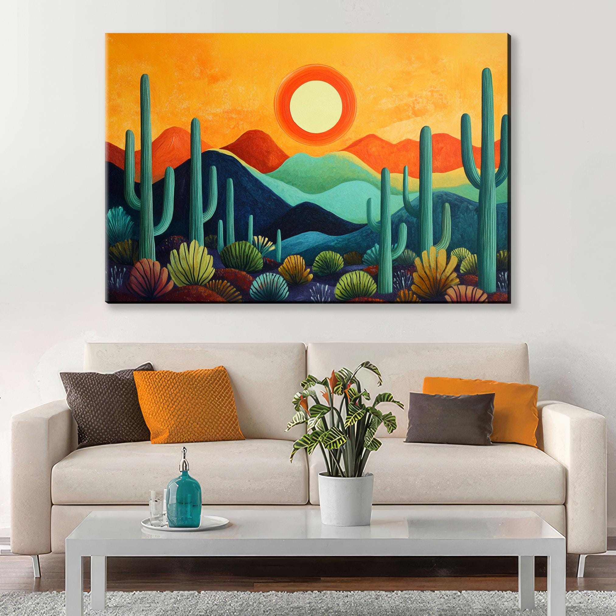 a living room with a couch and a painting on the wall