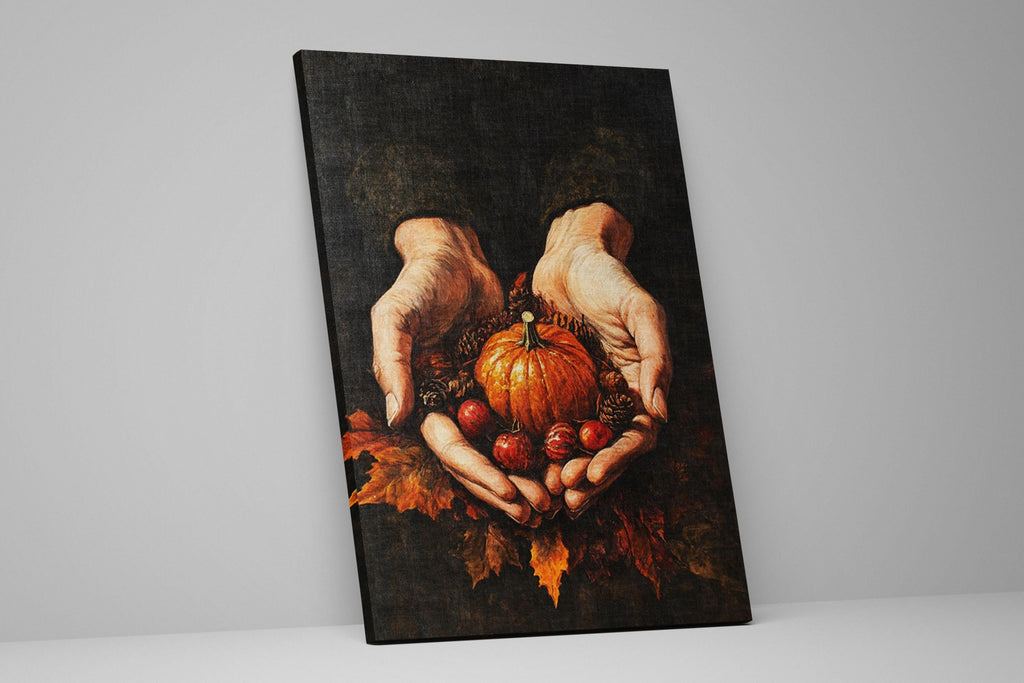 A painting of a pair of hands holding a pumpkin and autumn leaves.