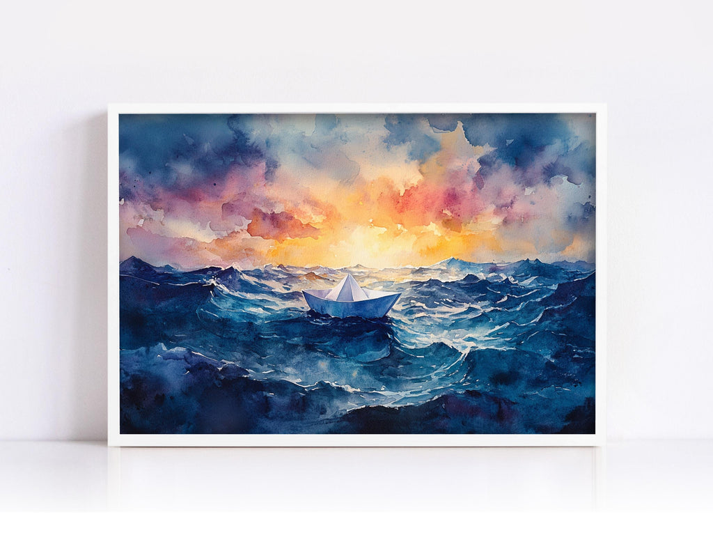 A watercolor painting depicting a small boat sailing on a stormy sea under a vibrant sunset sky.
