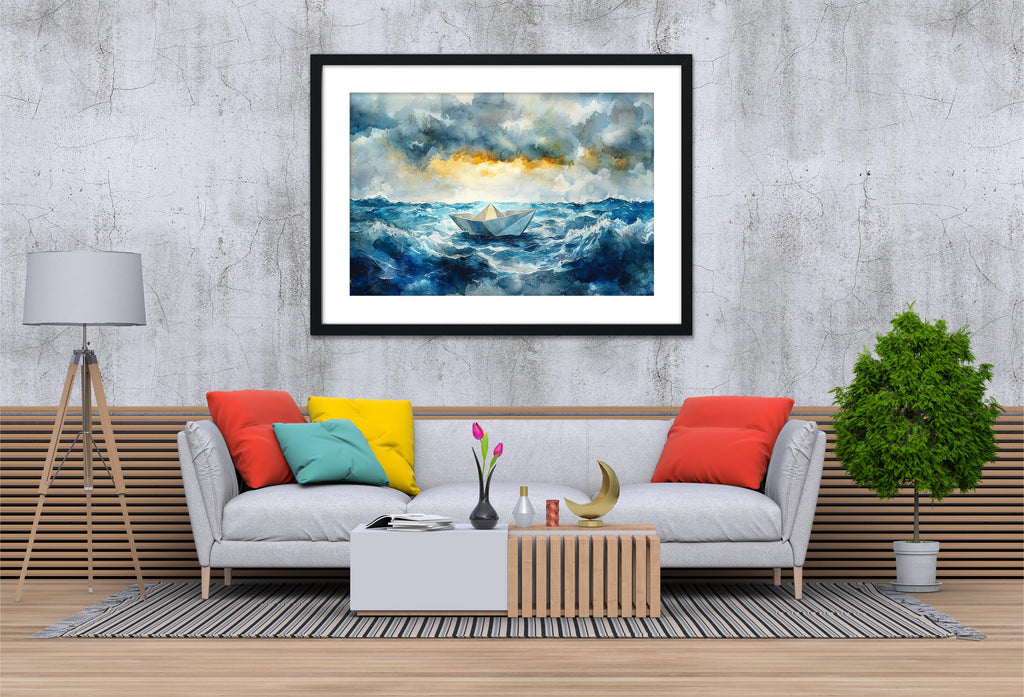 a cozy living room with a gray sofa adorned with colorful pillows, a wooden coffee table, and a framed painting of a ship sailing on a stormy sea hanging on the wall above the sofa.