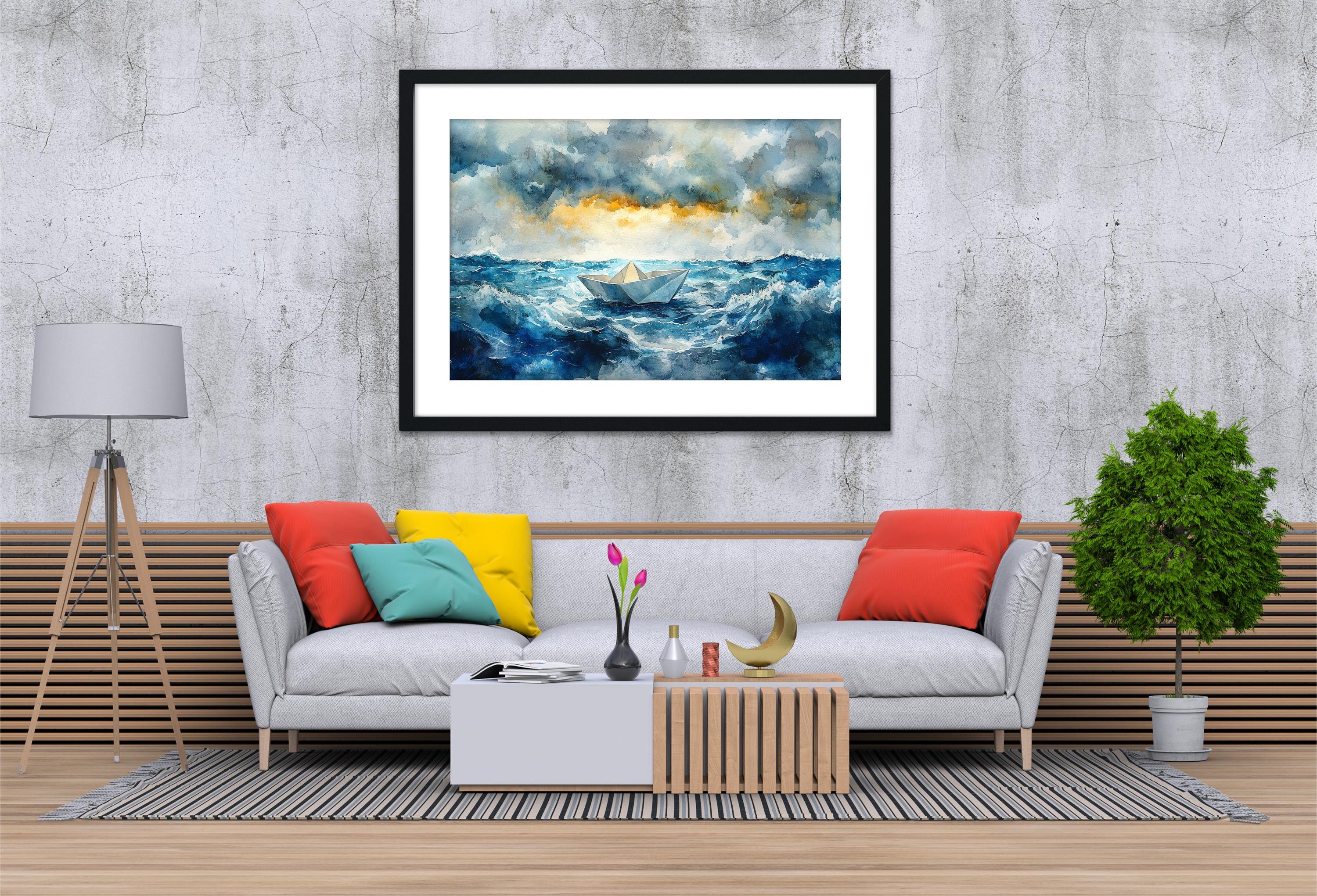 a cozy living room with a gray sofa adorned with colorful pillows, a wooden coffee table, and a framed painting of a ship sailing on a stormy sea hanging on the wall above the sofa.