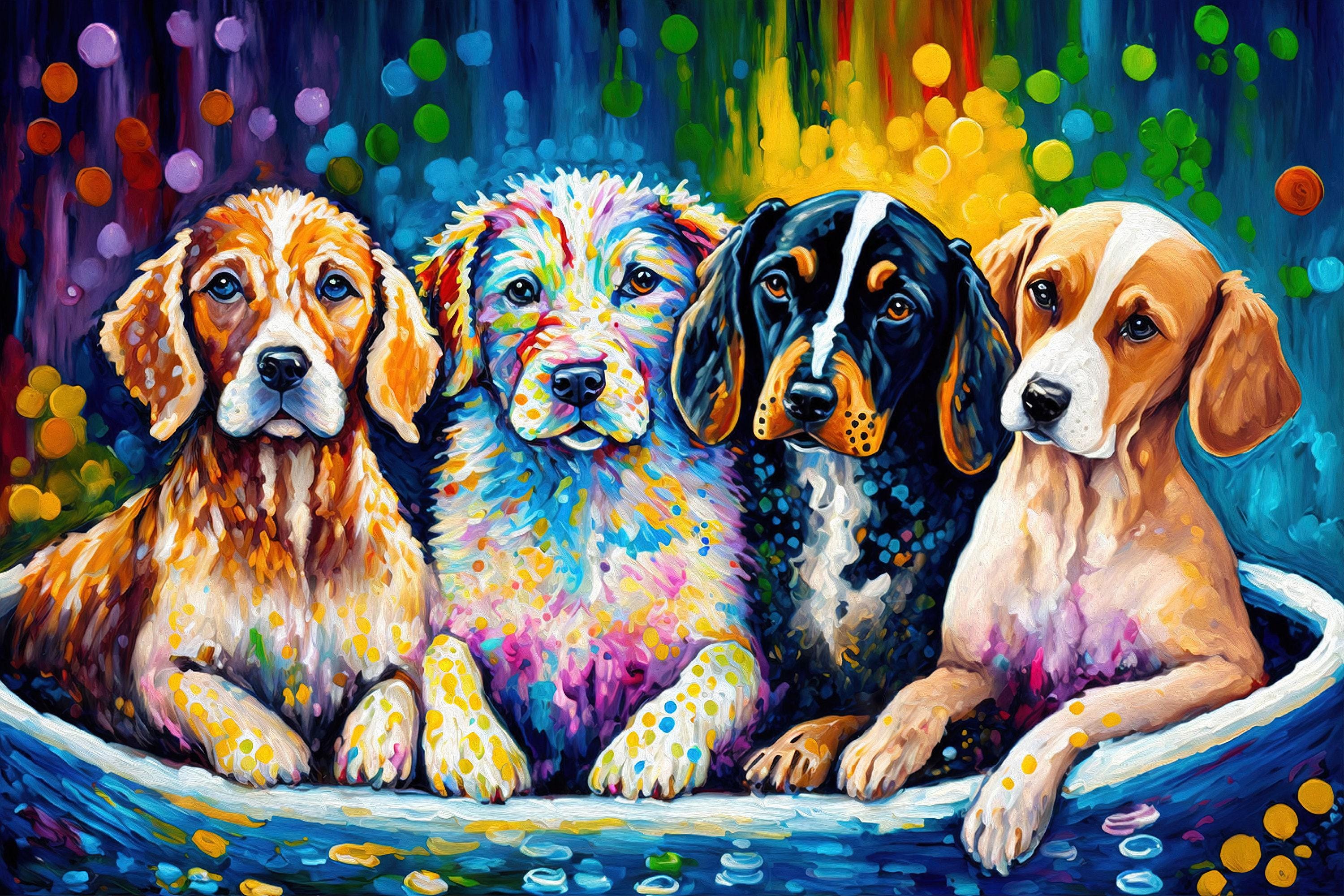 Dog Bath Art – Vibrant Colorful Dog Wall Art Canvas | Playful Pet Decor