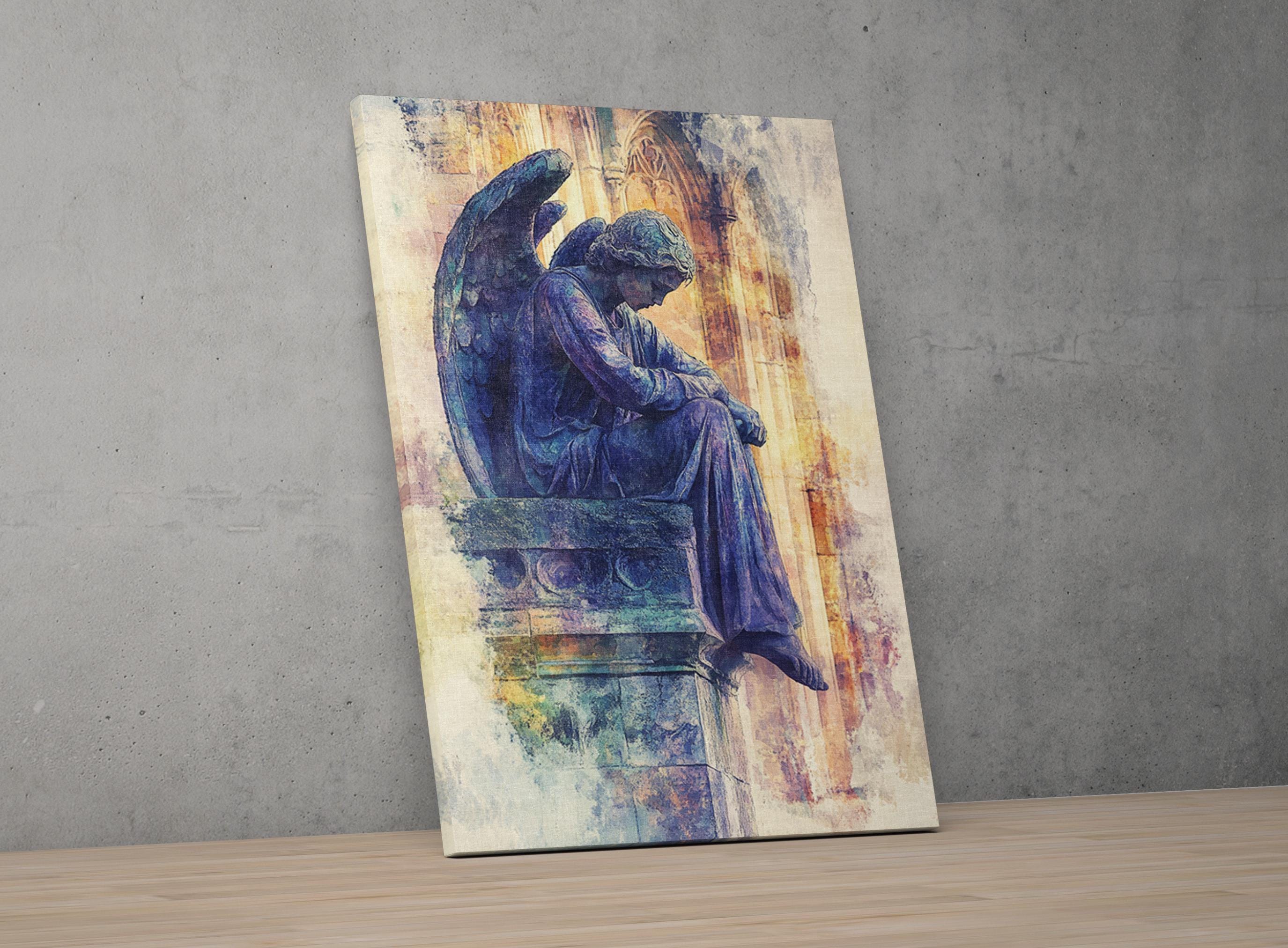 The image is a digital artwork depicting a statue of an angel sitting on a pedestal, with a colorful and abstract background.