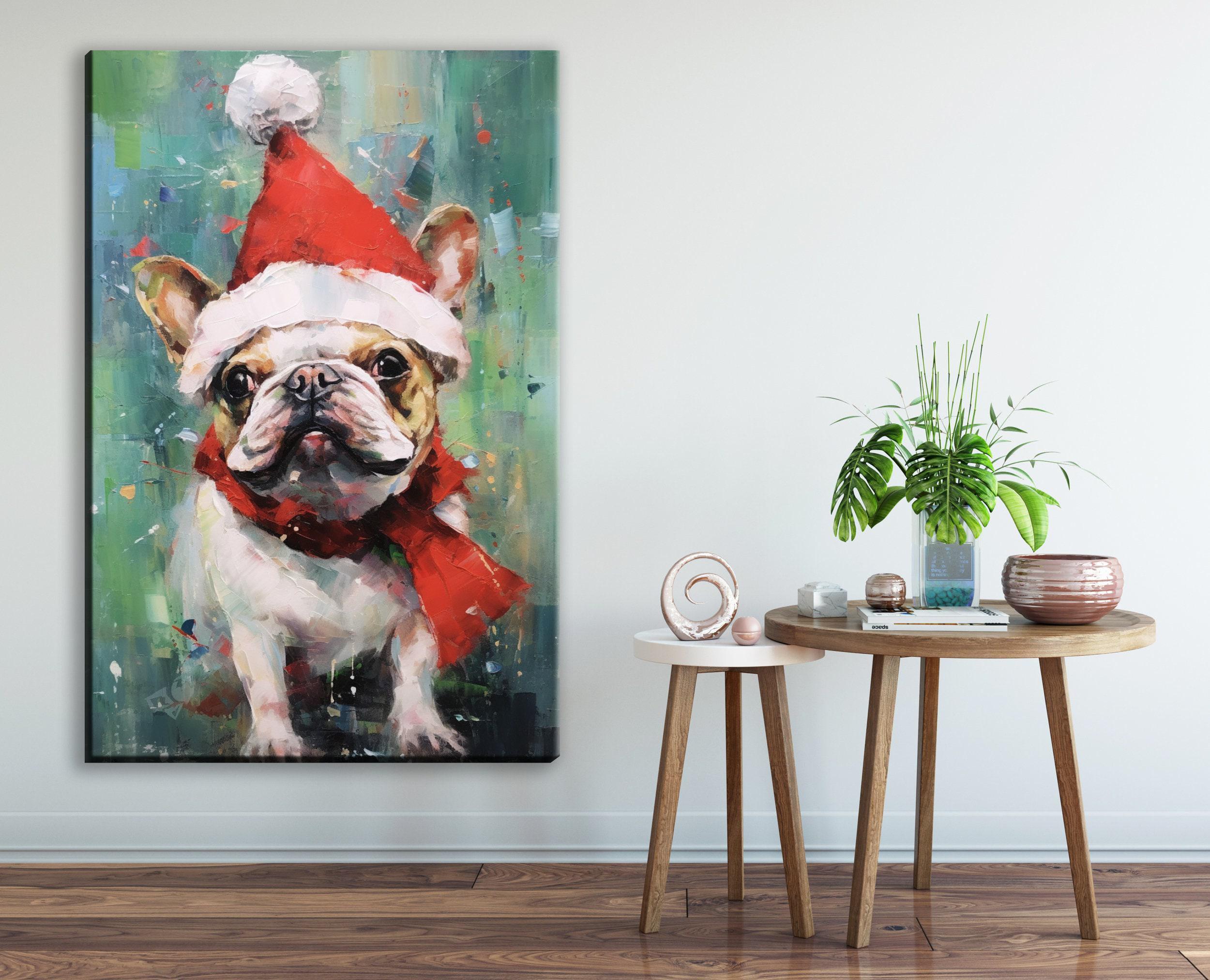 French Bulldog Christmas Art – Festive Dog Painting on Extra Large Gallery Wrapped Canvas