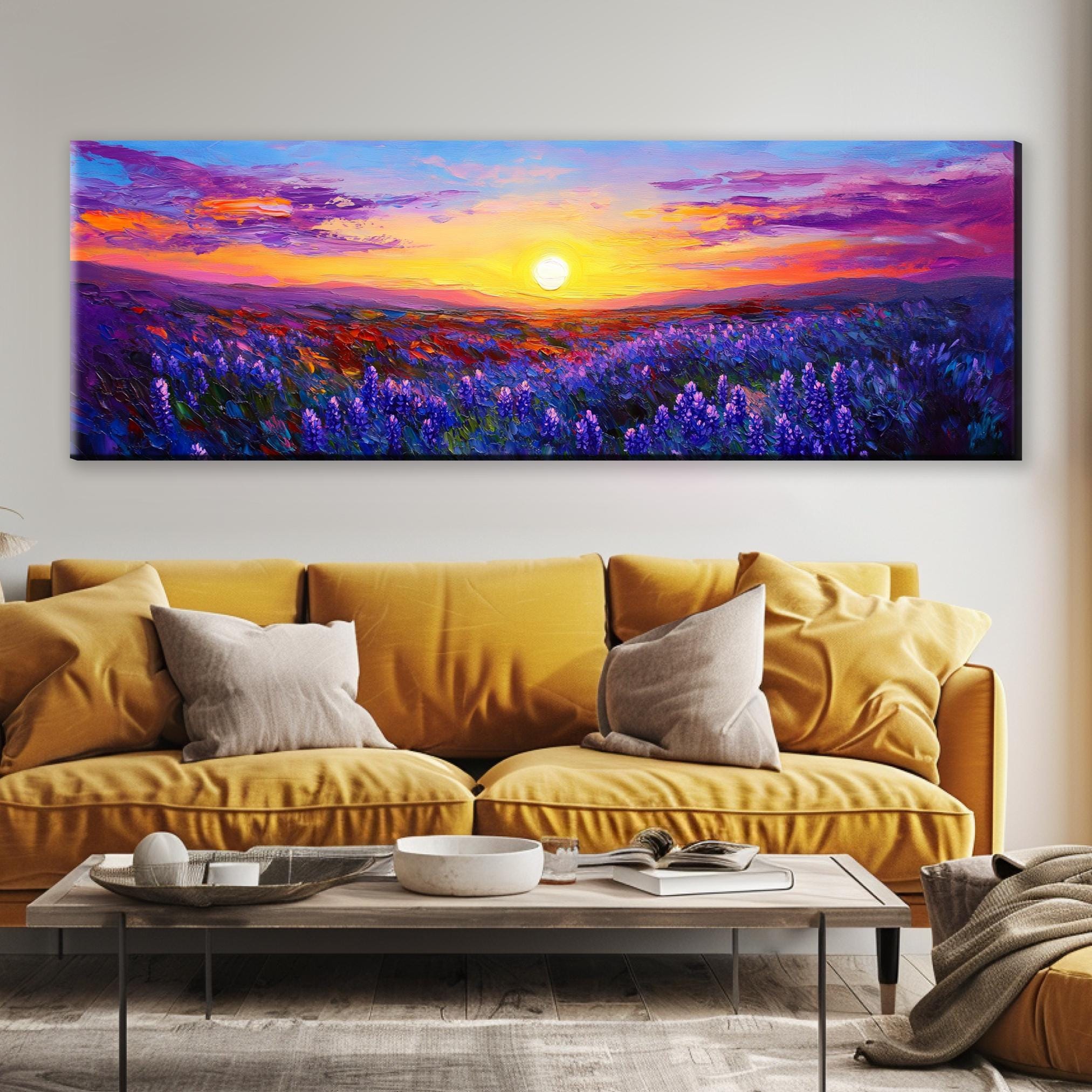 a living room with a couch and a painting on the wall