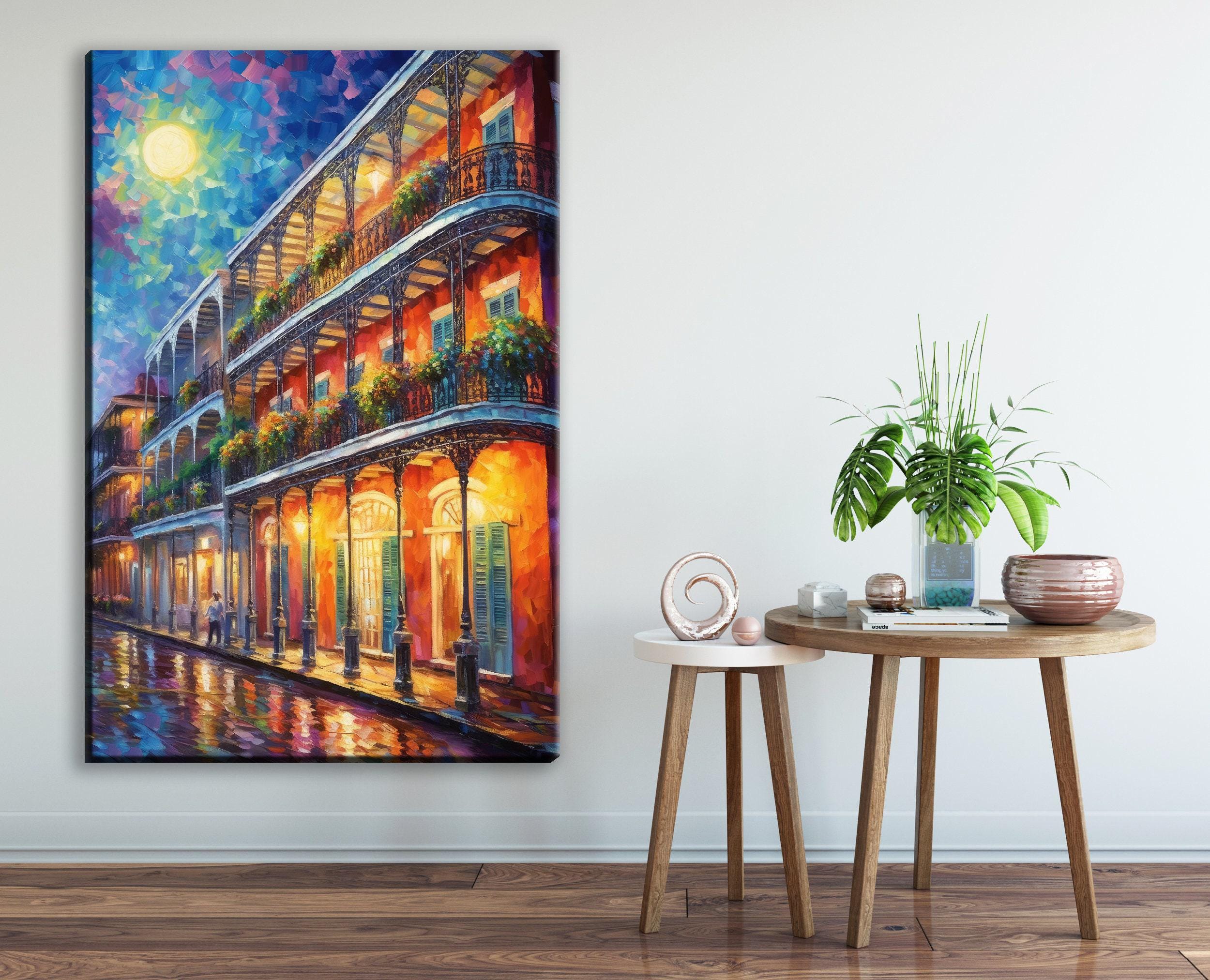 Bourbon Street Canvas Art – Colorful New Orleans Wall Art With Real Wood Frame