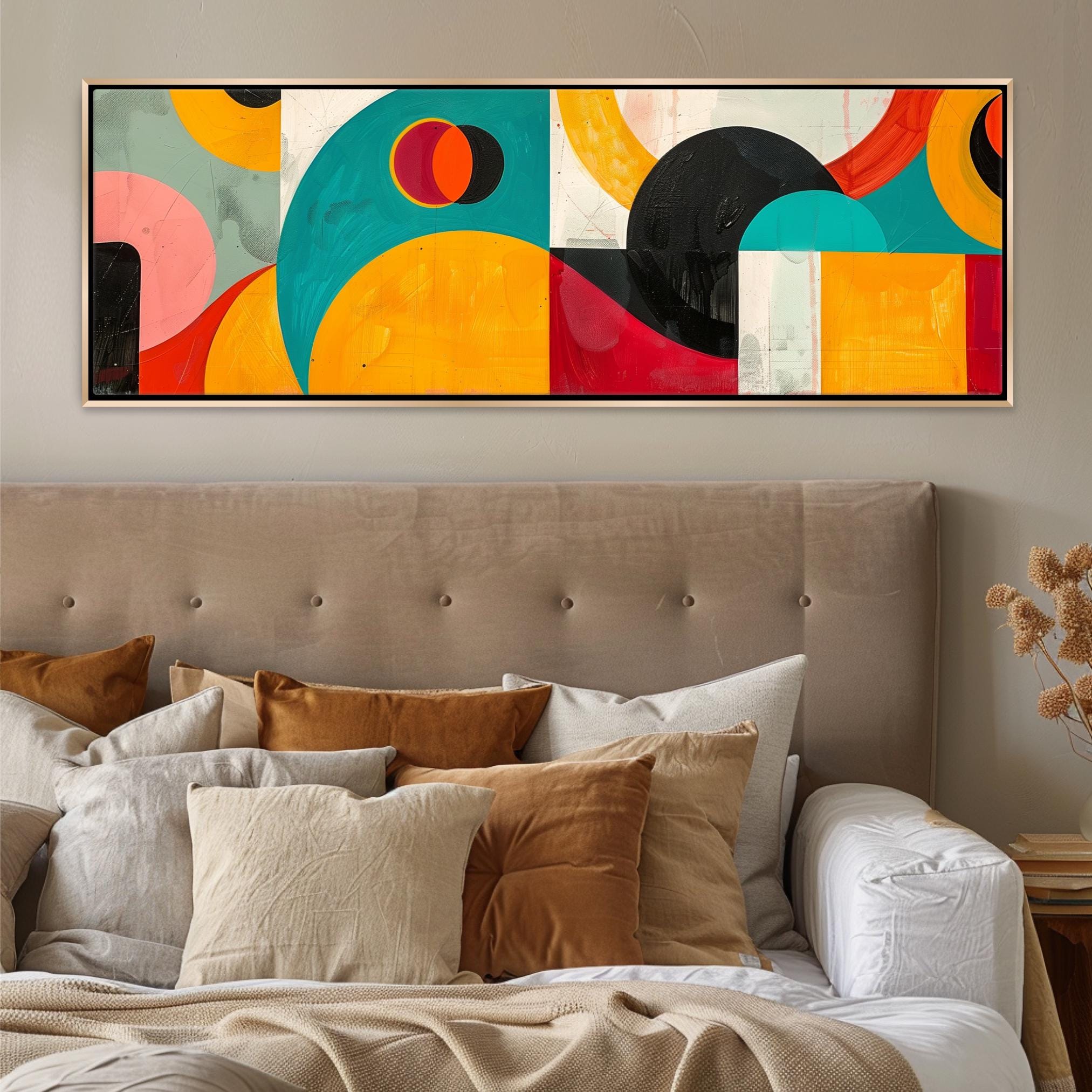 a bedroom with a large painting above the bed