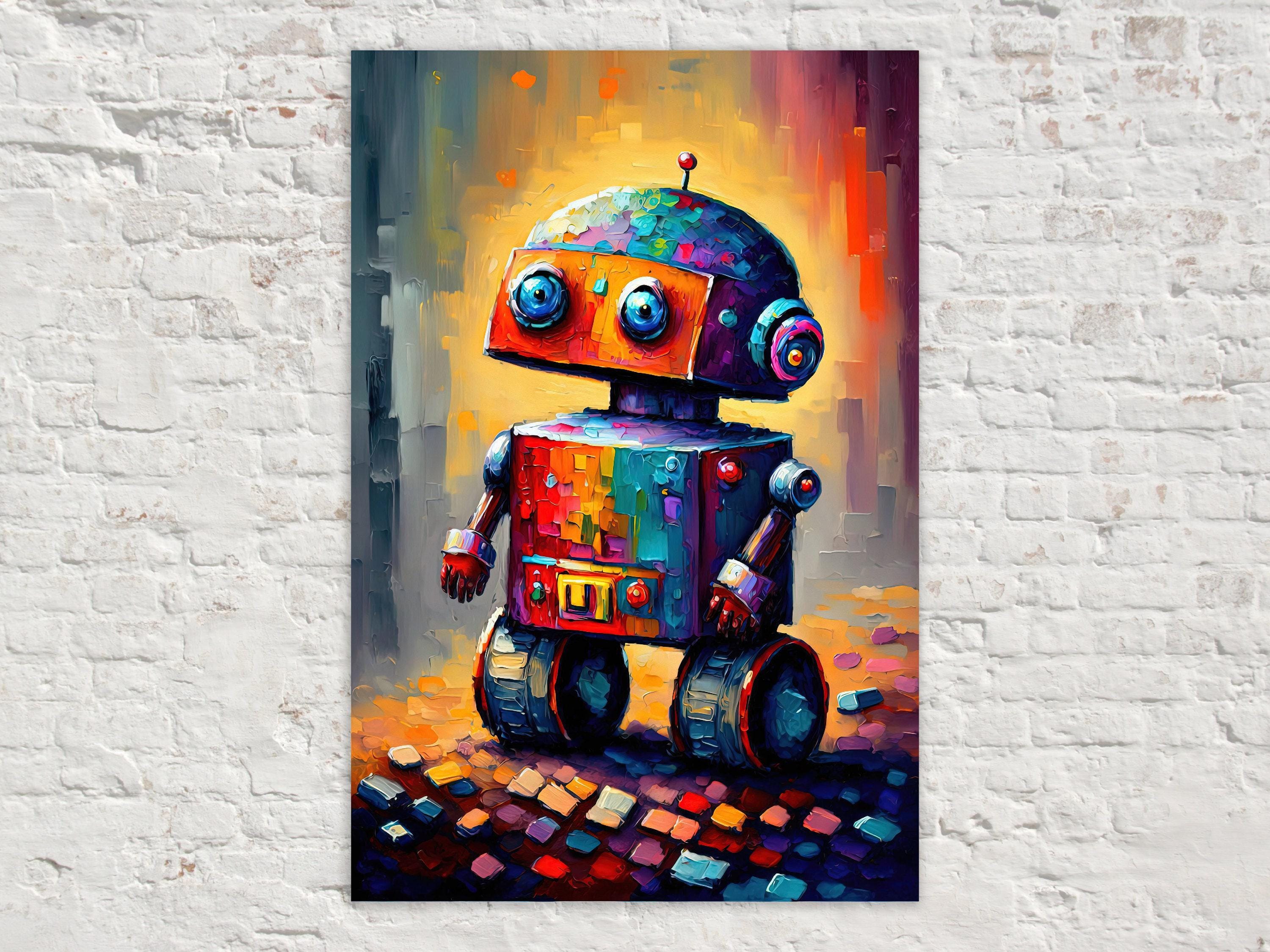 Kids Robot Wall Art - Colorful Robot Art Print on Lightweight Stretched Canvas