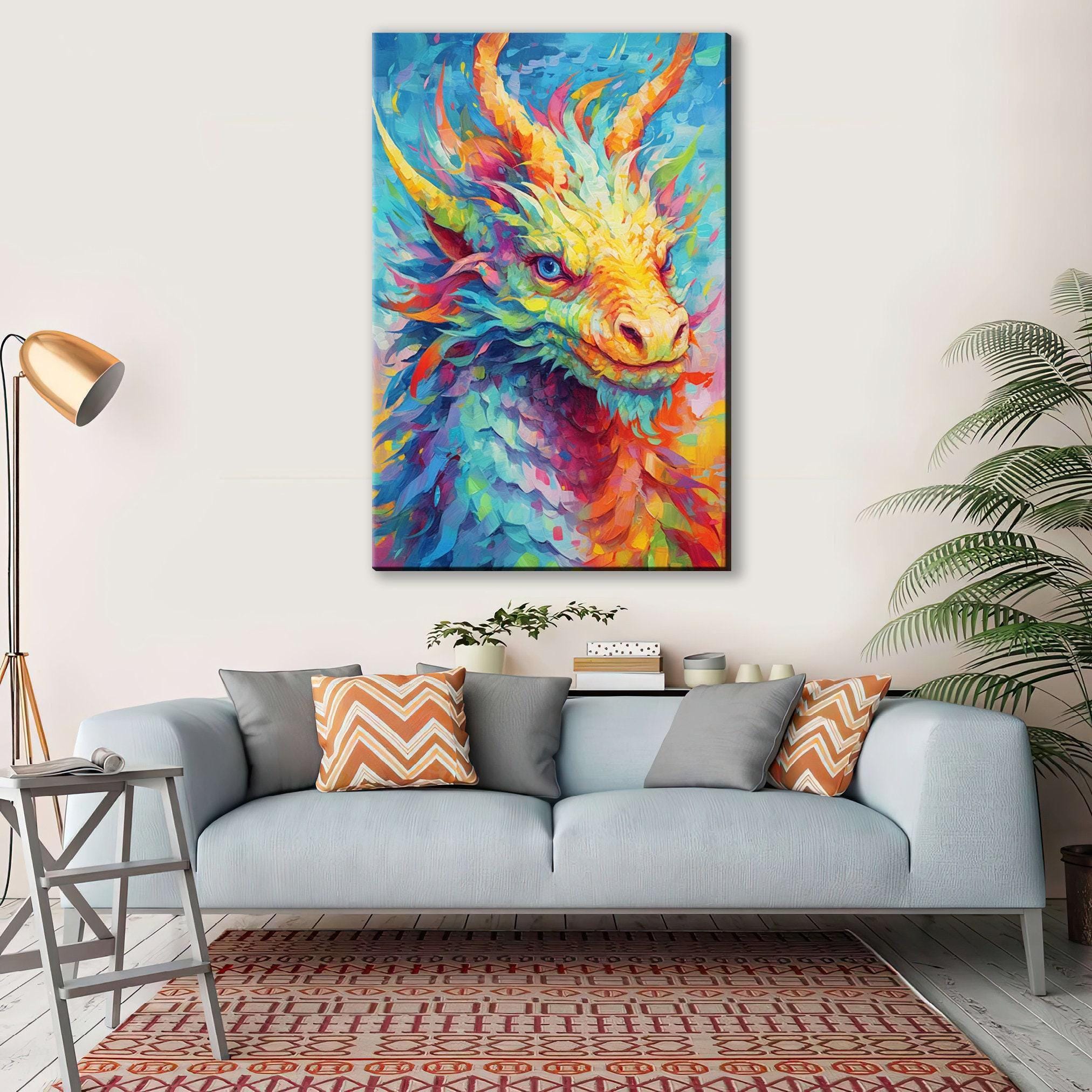 a vibrant, colorful painting of a dragon-like creature hanging on a wall above a gray couch with patterned throw pillows.
