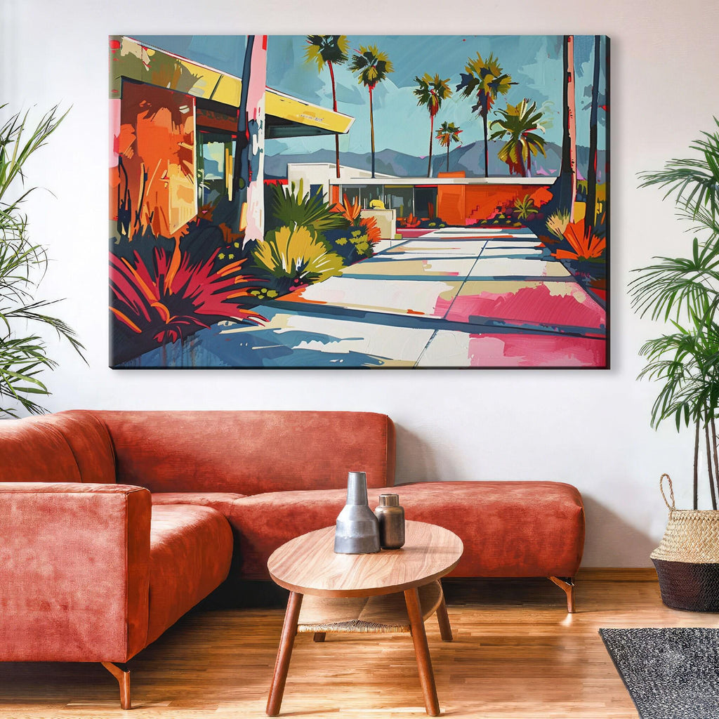 Palm Springs Wall Art – Vintage Mid-Century Modern Large Canvas Painting, Ready to Hang
