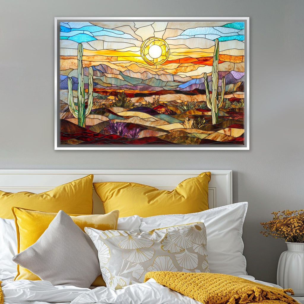 a bedroom with a bed and a painting on the wall