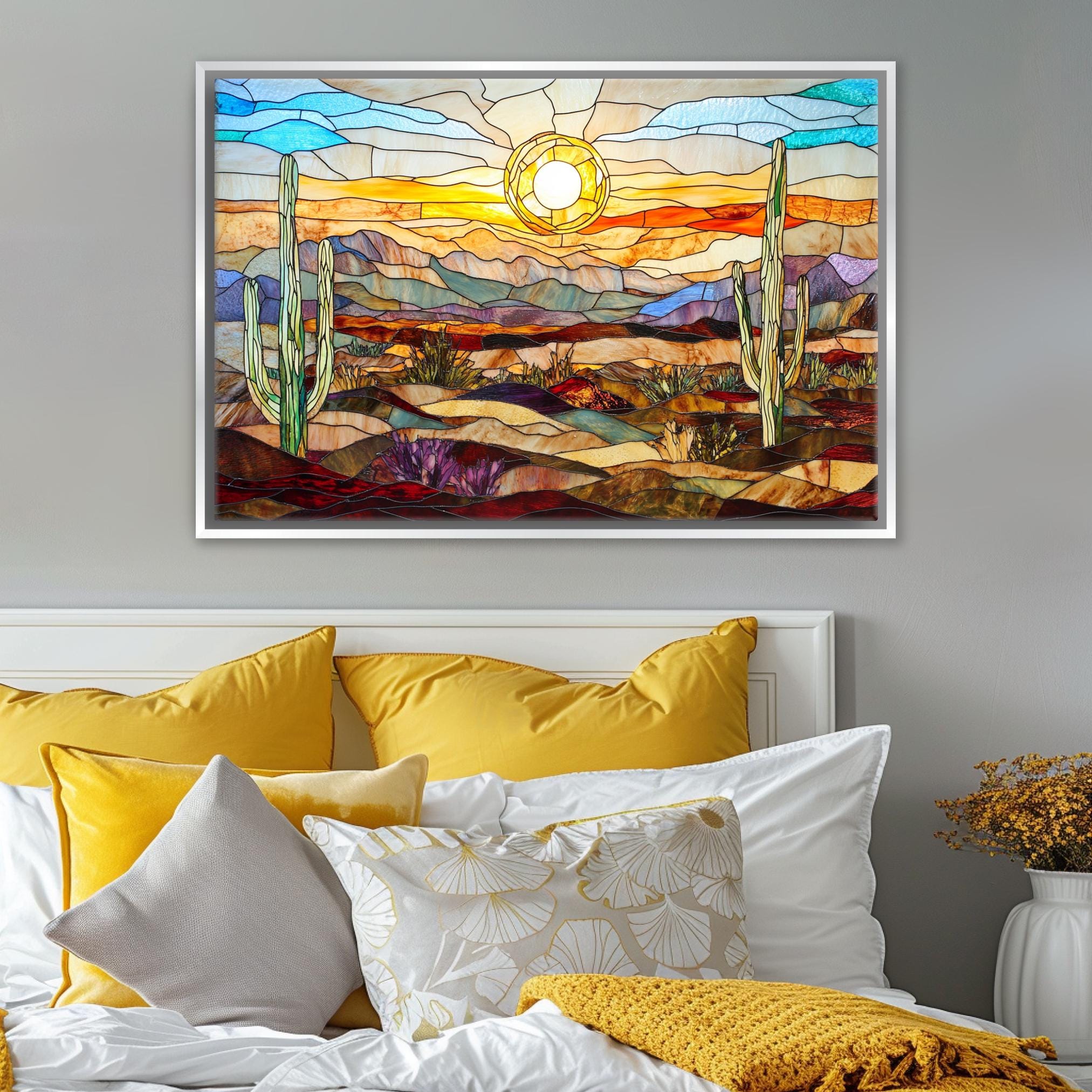 a bedroom with a bed and a painting on the wall