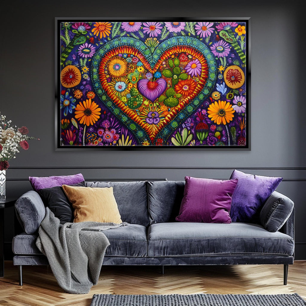 a living room with a couch and a painting on the wall