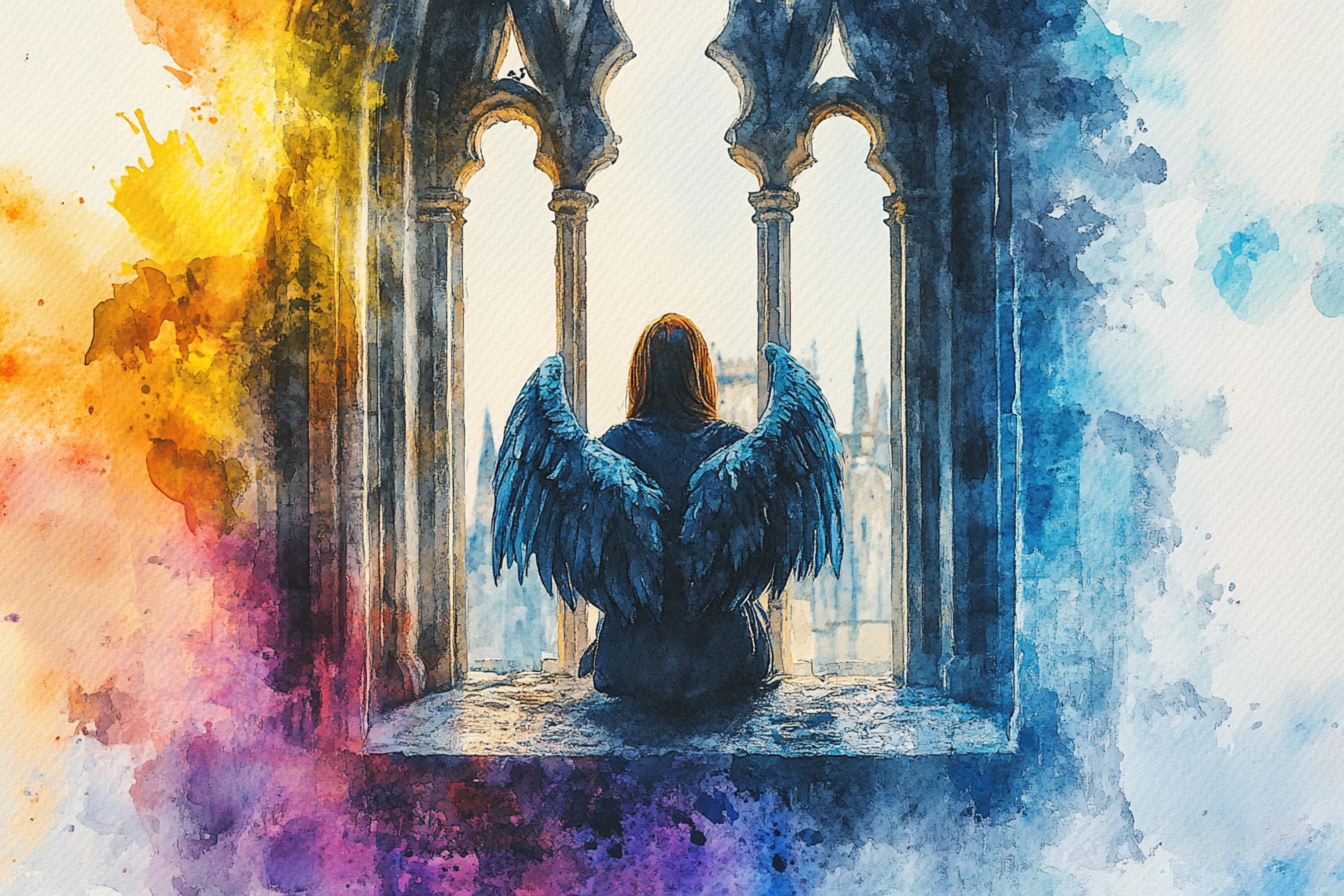 A person with long hair and large blue wings is sitting in a window frame, facing a cityscape with a cathedral in the background.