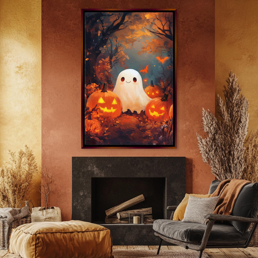 Cute Ghost Wall Art – Extra Large Halloween Canvas | Festive Pumpkin Painting