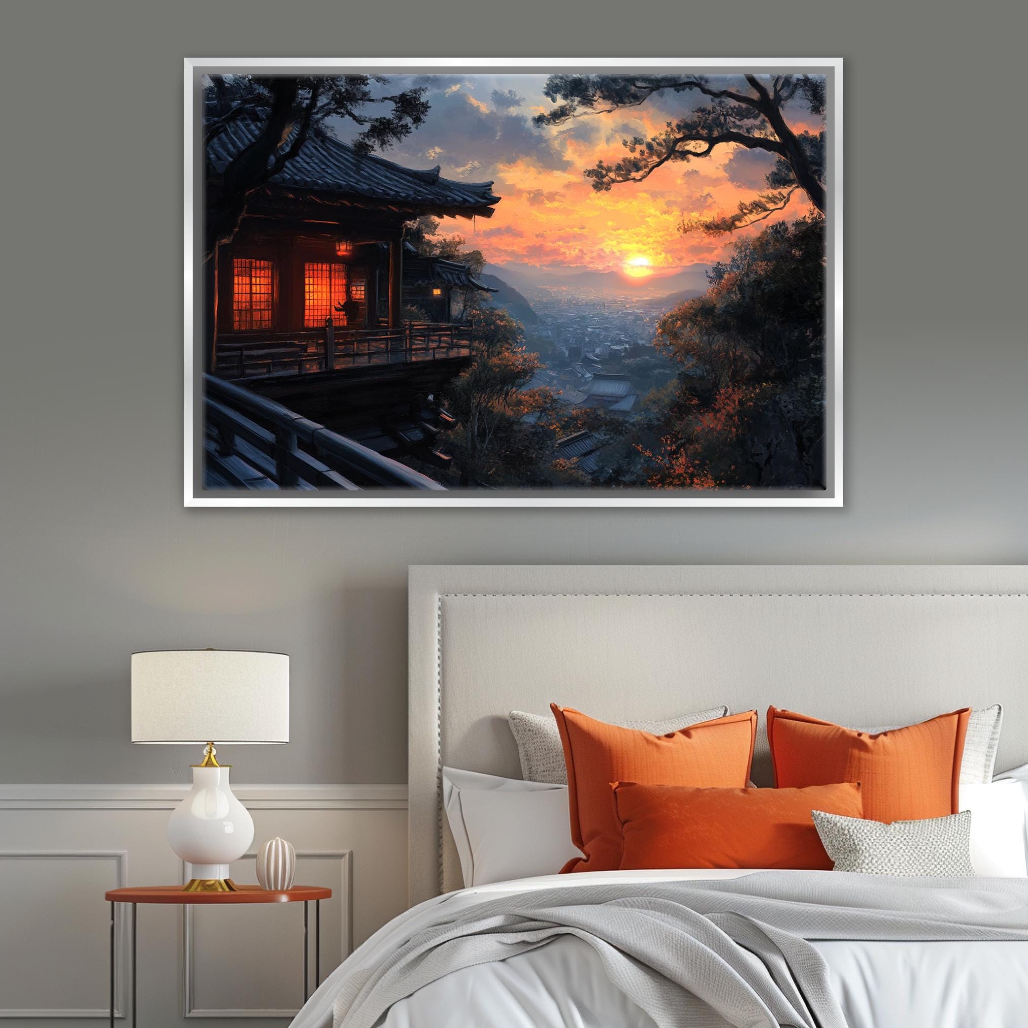 a bedroom with a bed and a painting on the wall