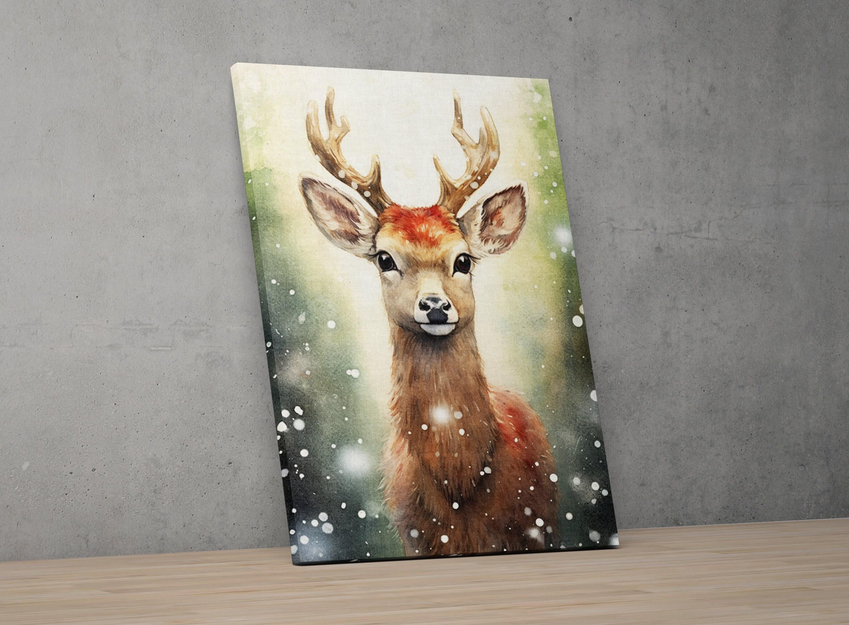 Baby Reindeer Watercolor - Festive Christmas Art, Giclee Print on Canvas, Artist Paper, Watercolor Paper, Available in Extra Large Sizes