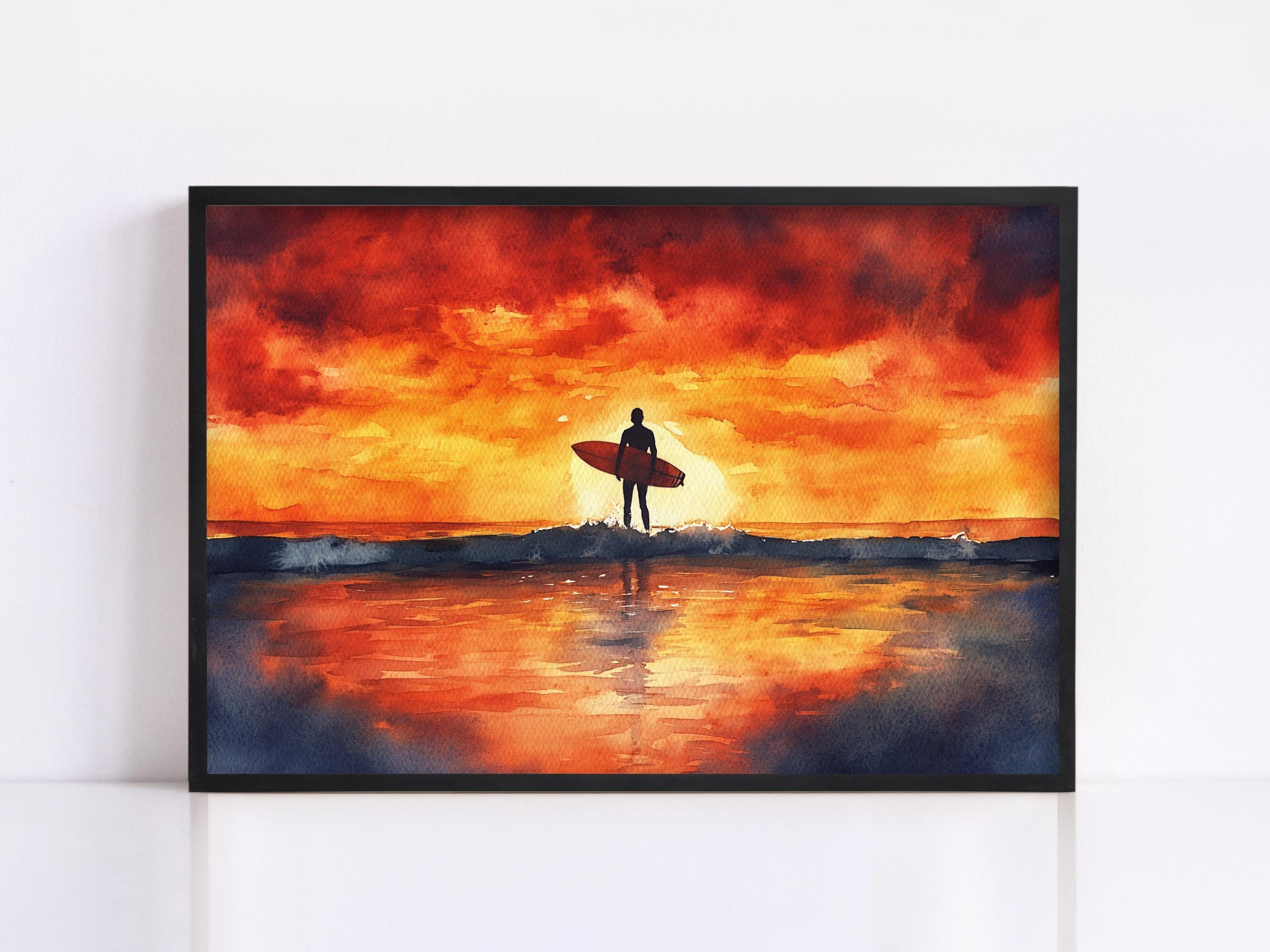 A surfer stands on the beach, silhouetted against a vibrant sunset sky with orange and red hues.