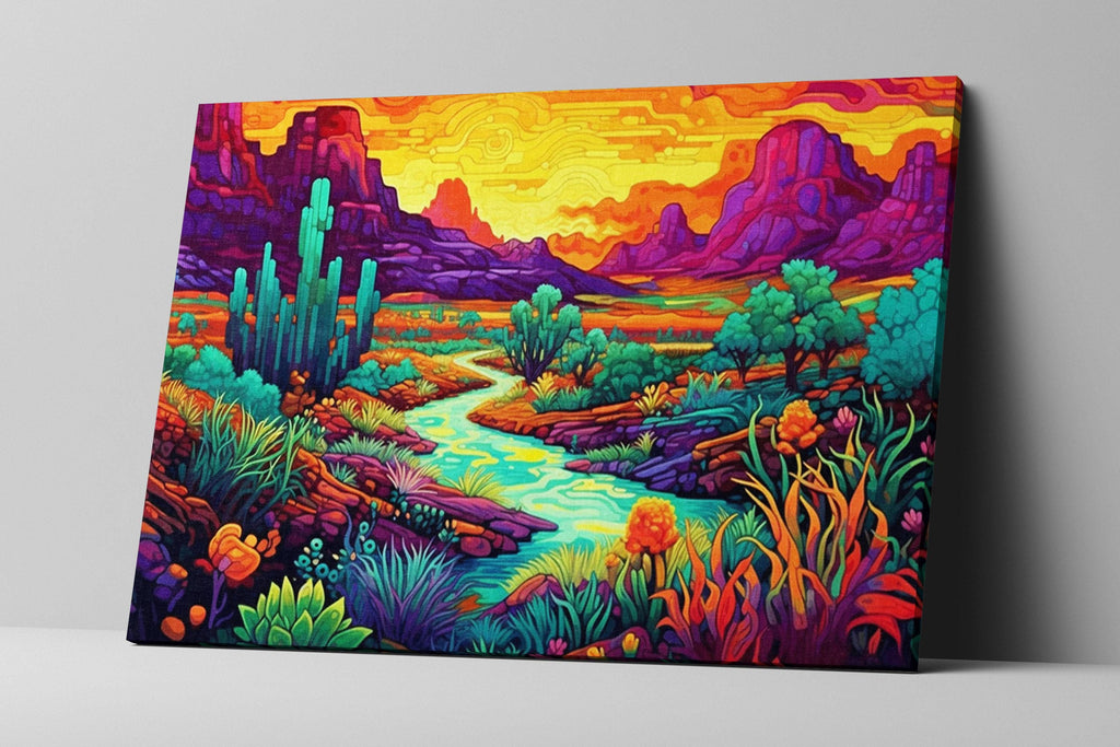 Neon Desert Canvas - Vibrant Southwest Wall Art | Phad Style Painting on Large Canvas