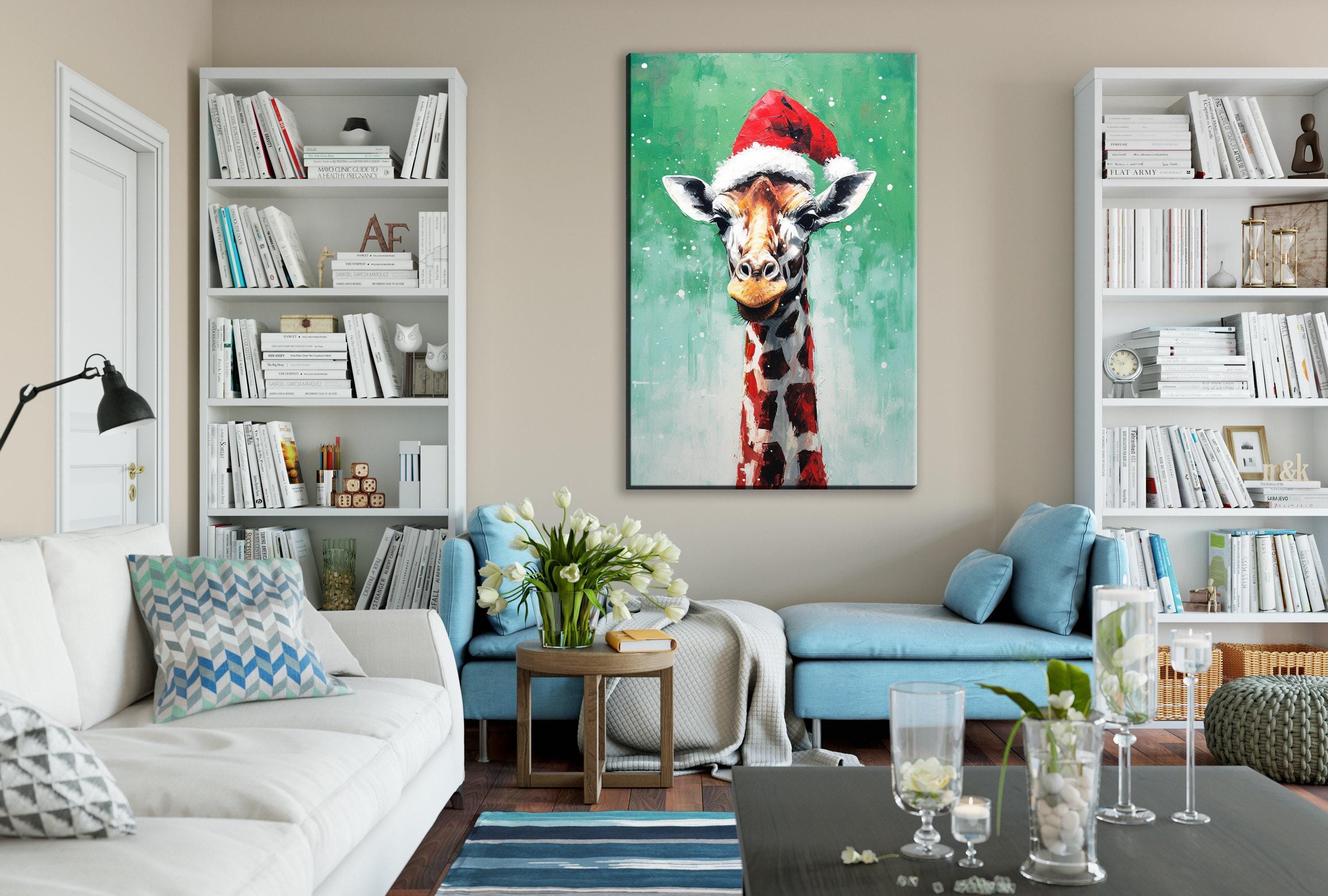 Holiday Giraffe Painting – Christmas Wall Art | Large Santa Hat Canvas Print