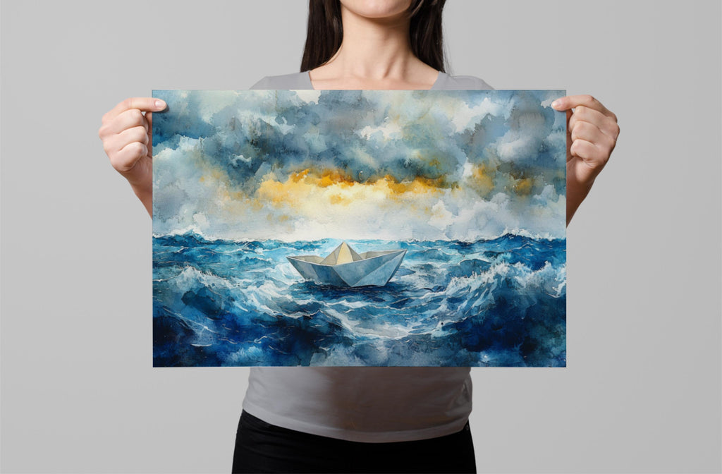 A woman holds up a painting of a small boat sailing on a stormy sea, with a dramatic sky and crashing waves in the background.