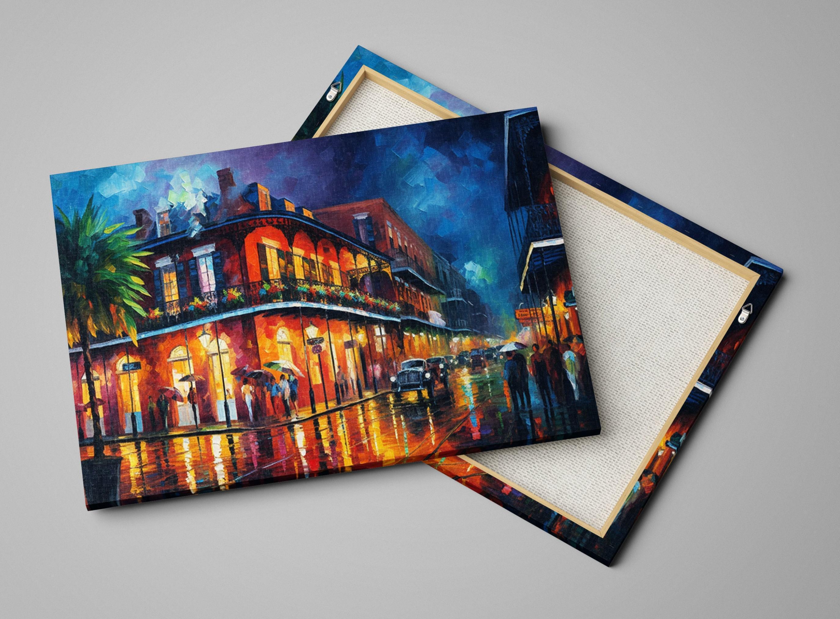 The image is a painting depicting a vibrant city street scene at night, with colorful buildings, streetlights, and people walking along the wet pavement.