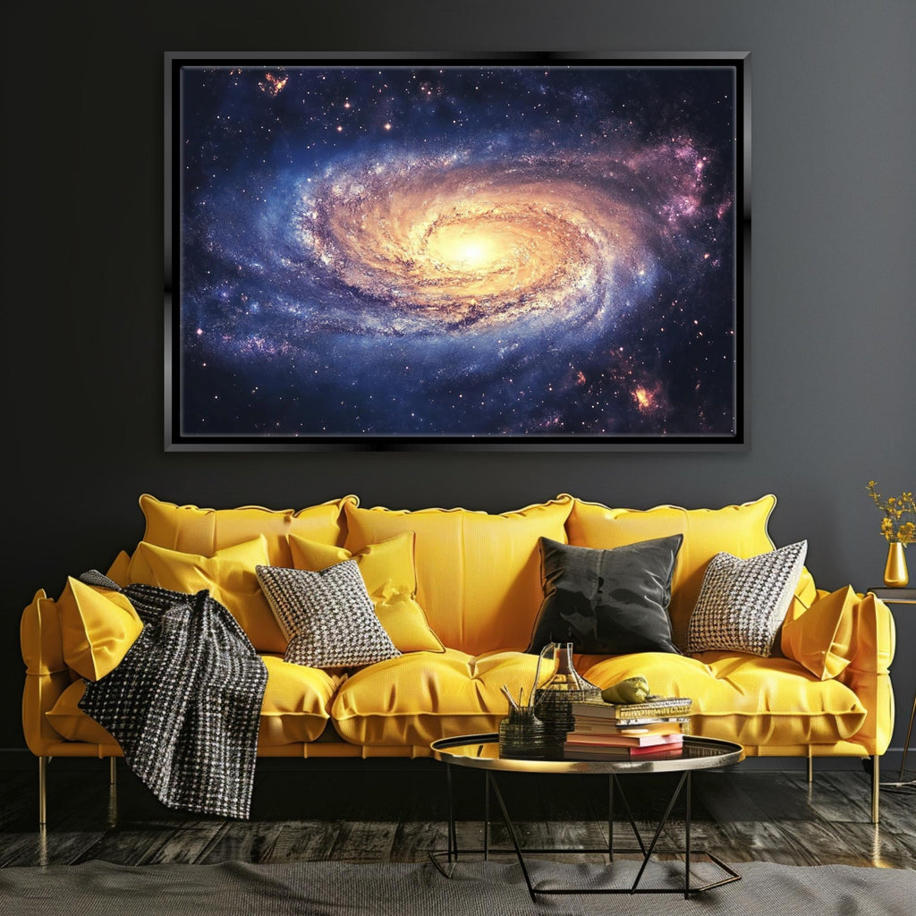 a living room with a yellow couch and a painting of a spiral galaxy