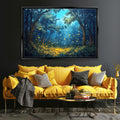 a living room with a yellow couch and a painting on the wall