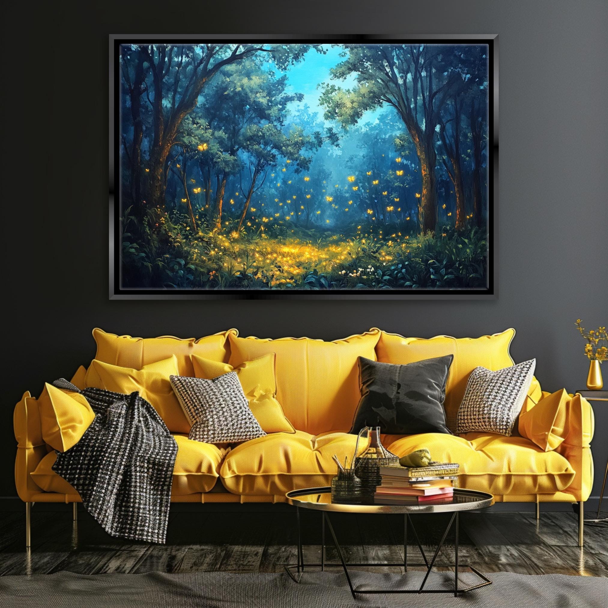 a living room with a yellow couch and a painting on the wall