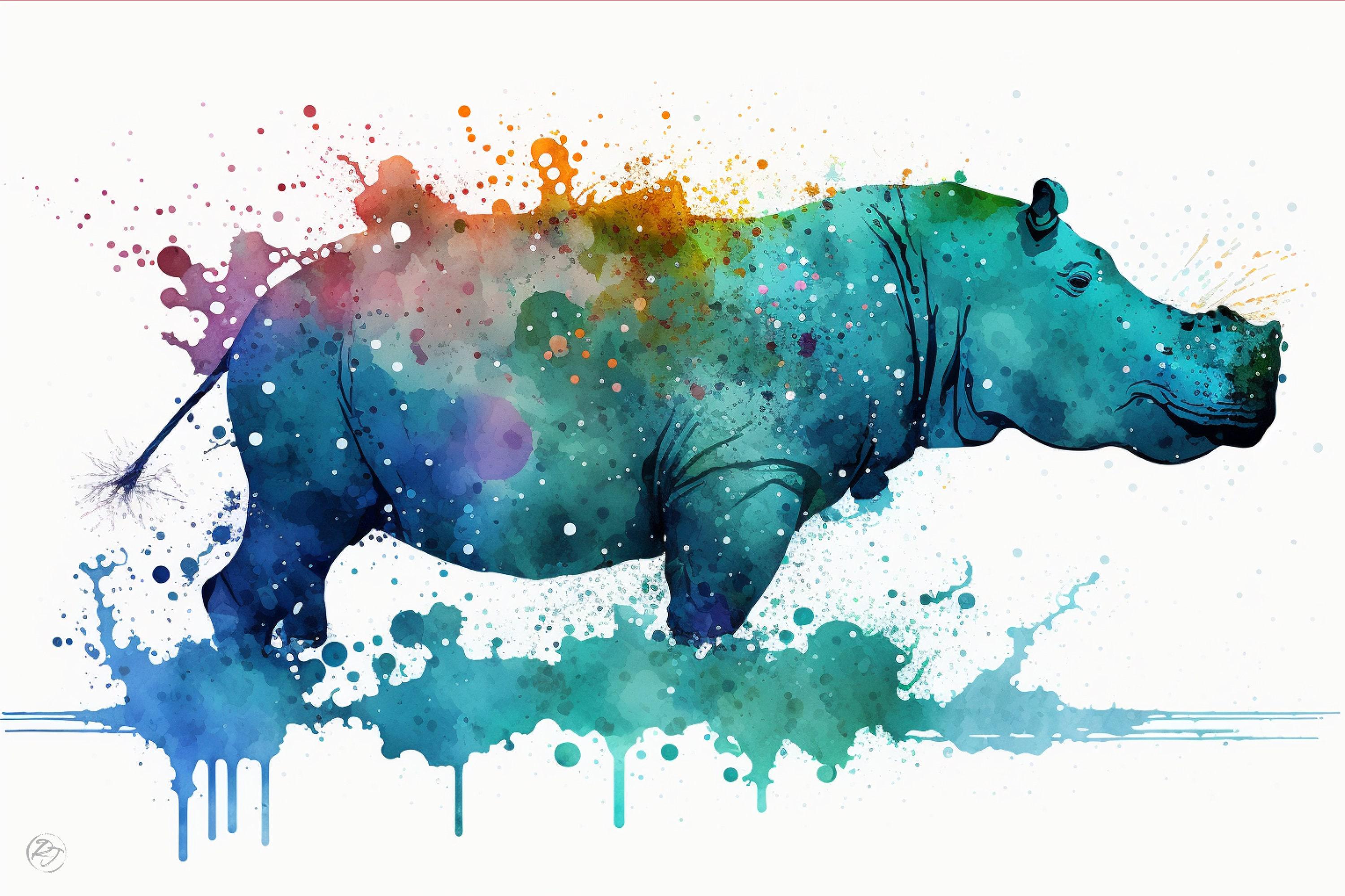 Riverbank Royalty: Watercolor Hippo Wall Decor Print, Giclee Print on Canvas, Artist Paper, Watercolor Paper, Available in Extra Large Sizes