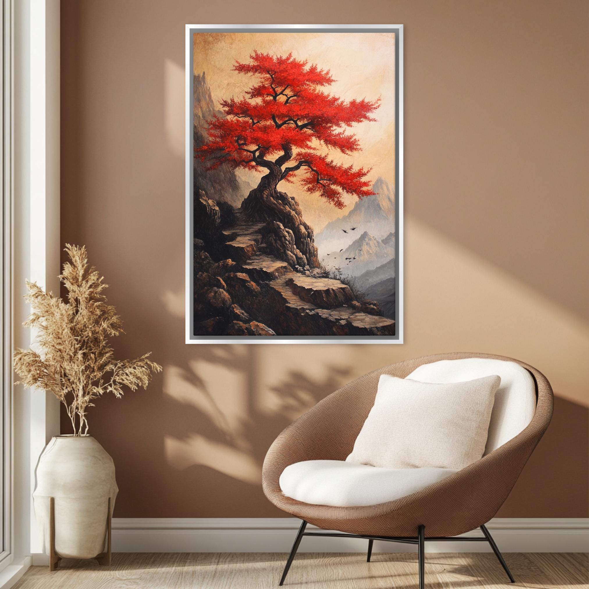 a living room with a chair and a painting on the wall