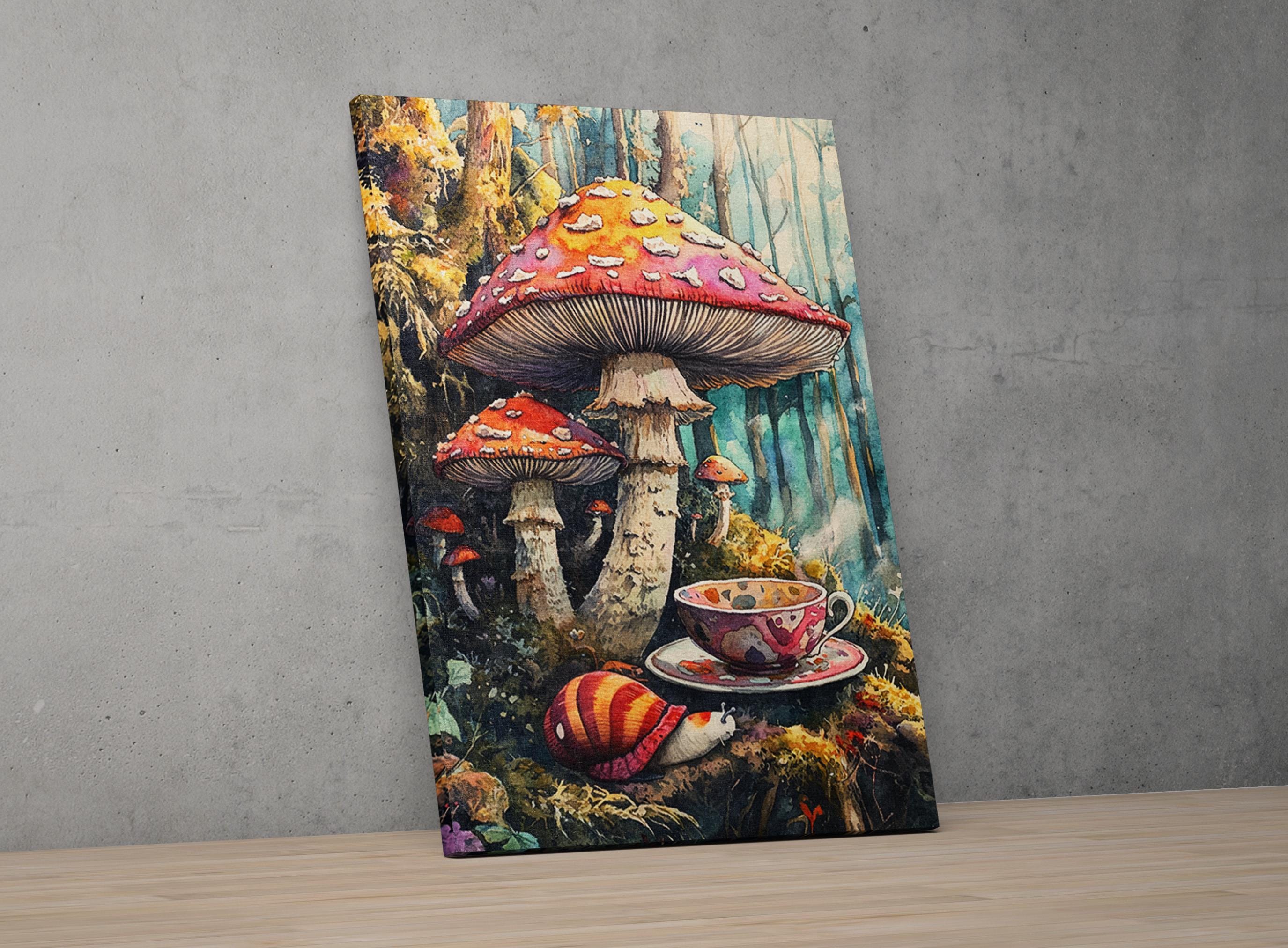 A whimsical painting depicting a forest scene with three large mushrooms, a cup of tea, and a sleeping snail on a bed of moss.