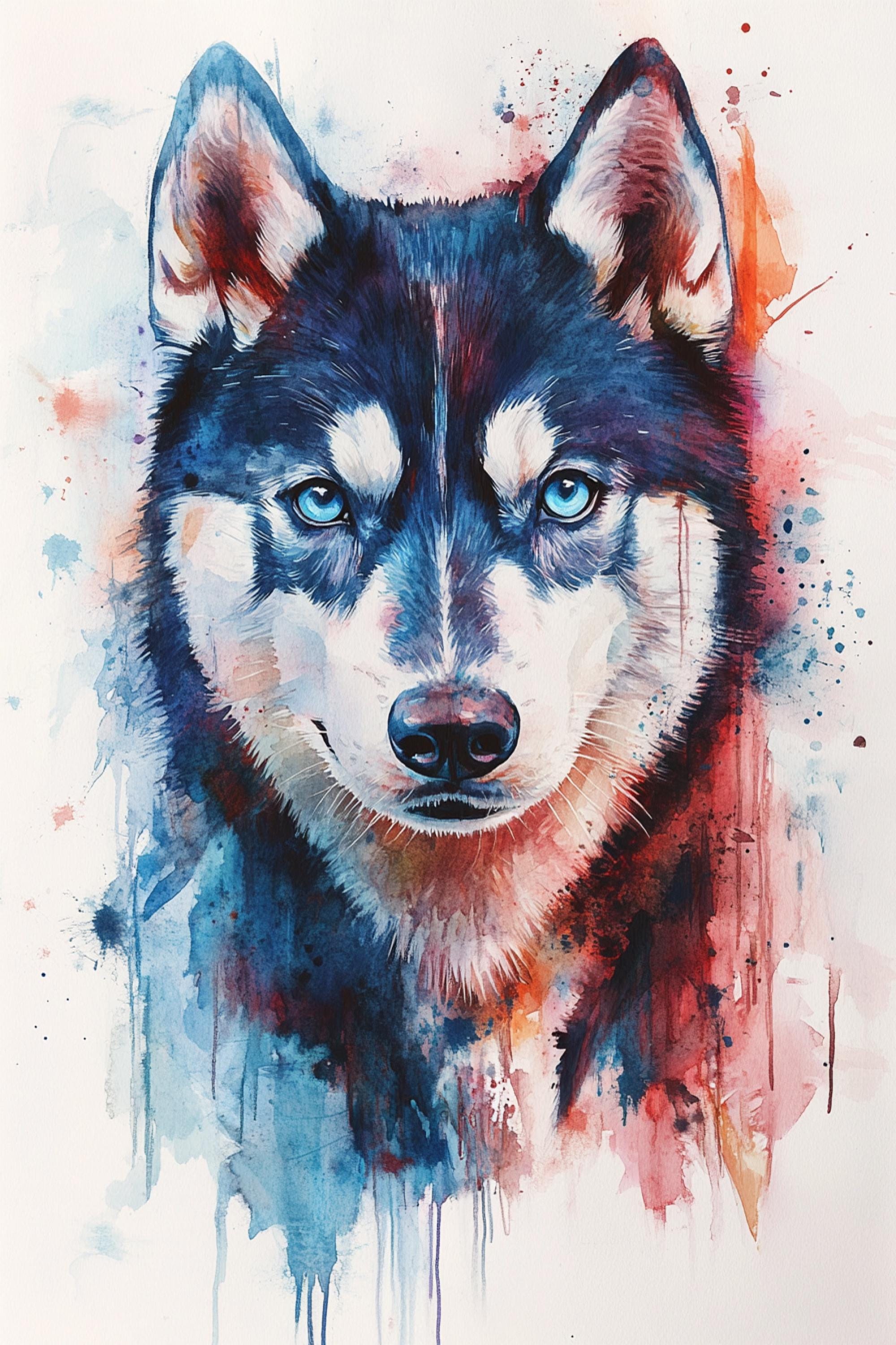 A close-up portrait of a husky dog with striking blue eyes and a black and white fur coat, set against a background of vibrant watercolor splashes in shades of red, blue, and orange.