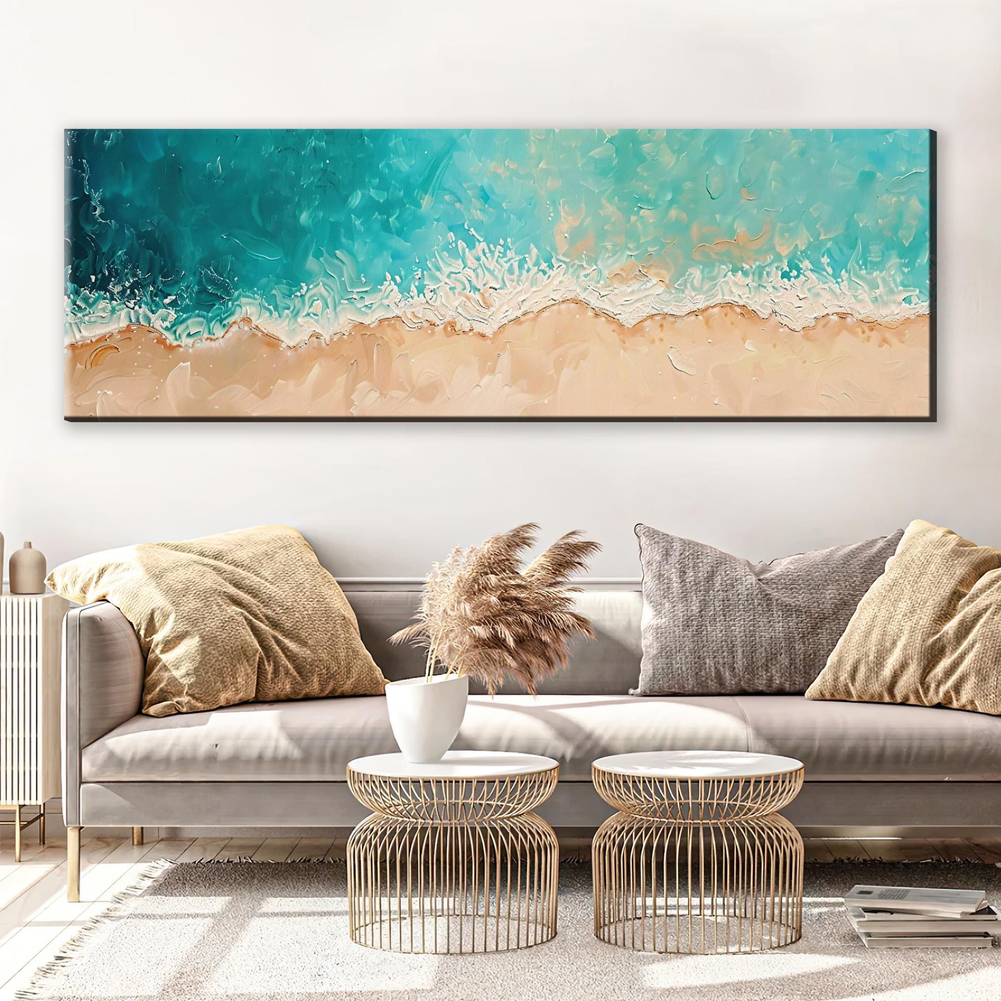 a living room with a couch and a painting on the wall