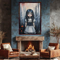 a painting of a girl in a white dress in a living room
