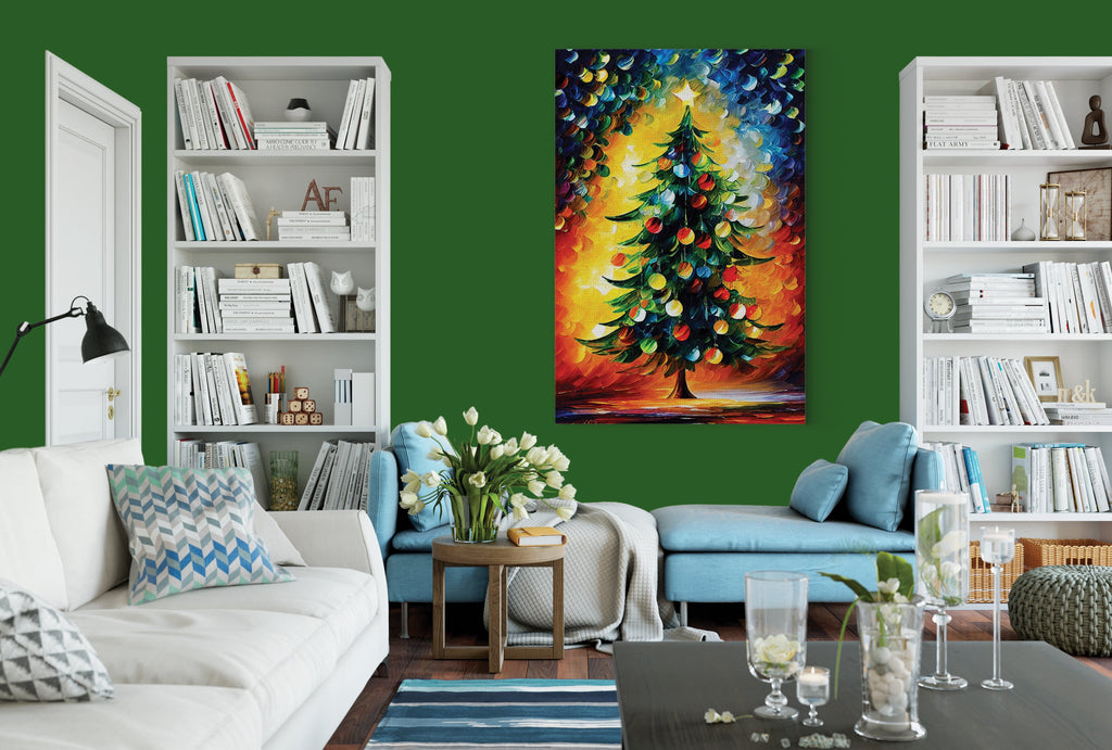 Christmas Tree Canvas Print – Festive Oil Painting With Wooden Frame Art