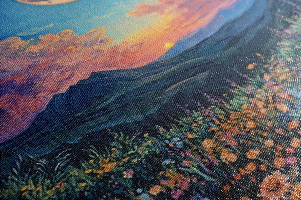 a painting of a mountain with a full moon in the sky