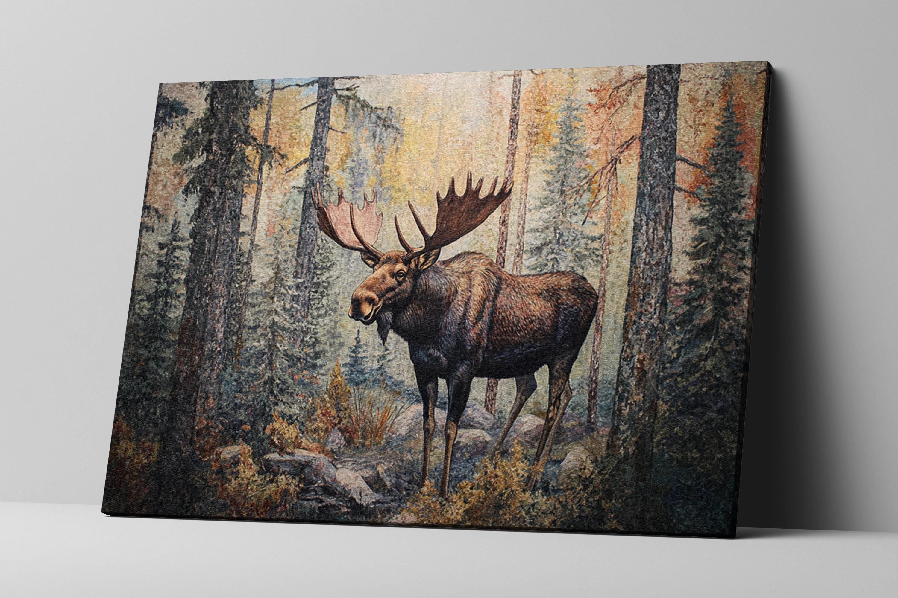 a painting of a moose in the woods
