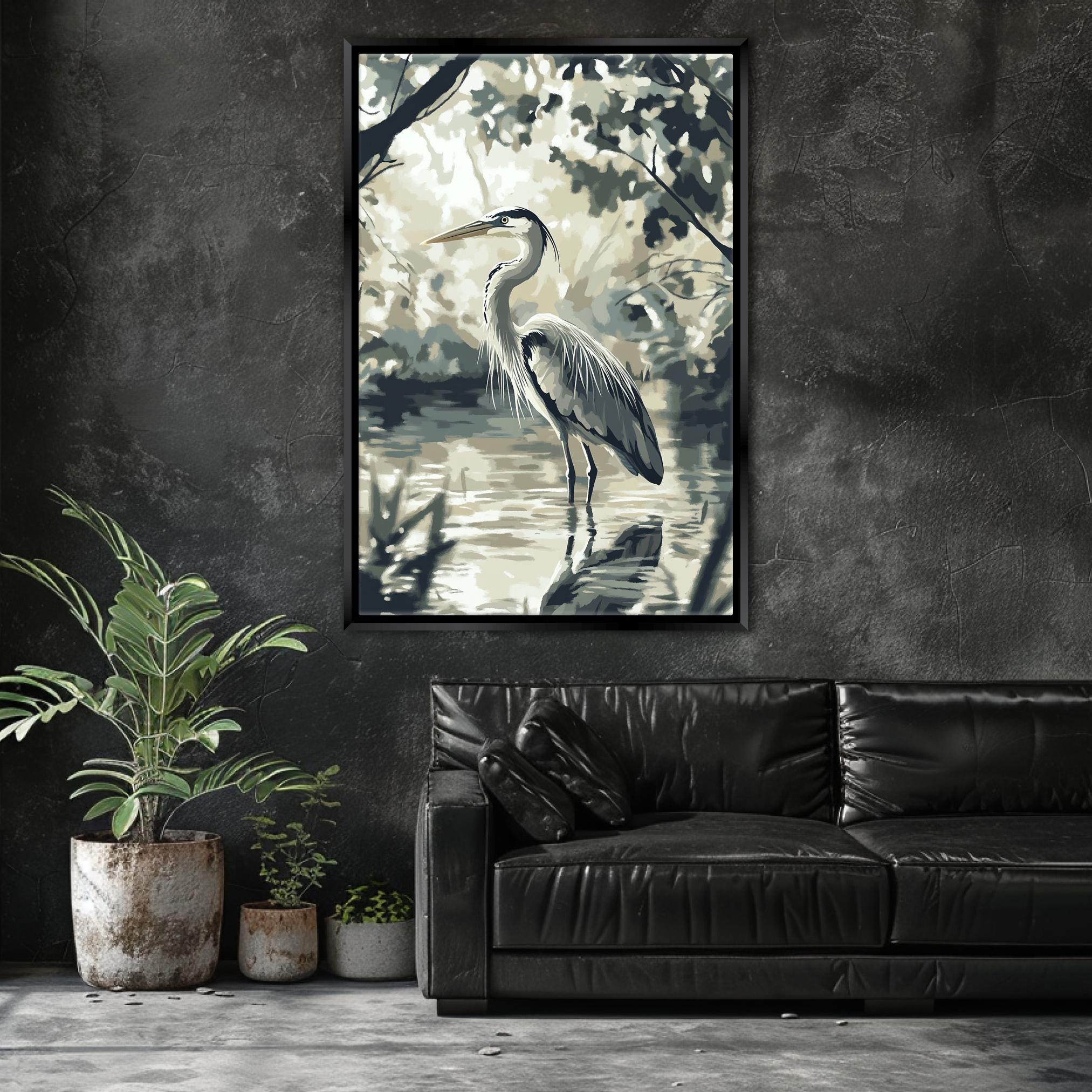a living room with a couch and a painting on the wall