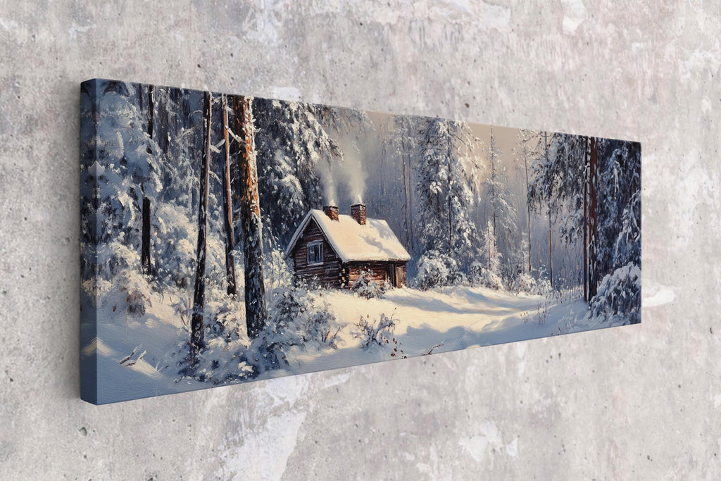 a painting of a cabin in a snowy forest