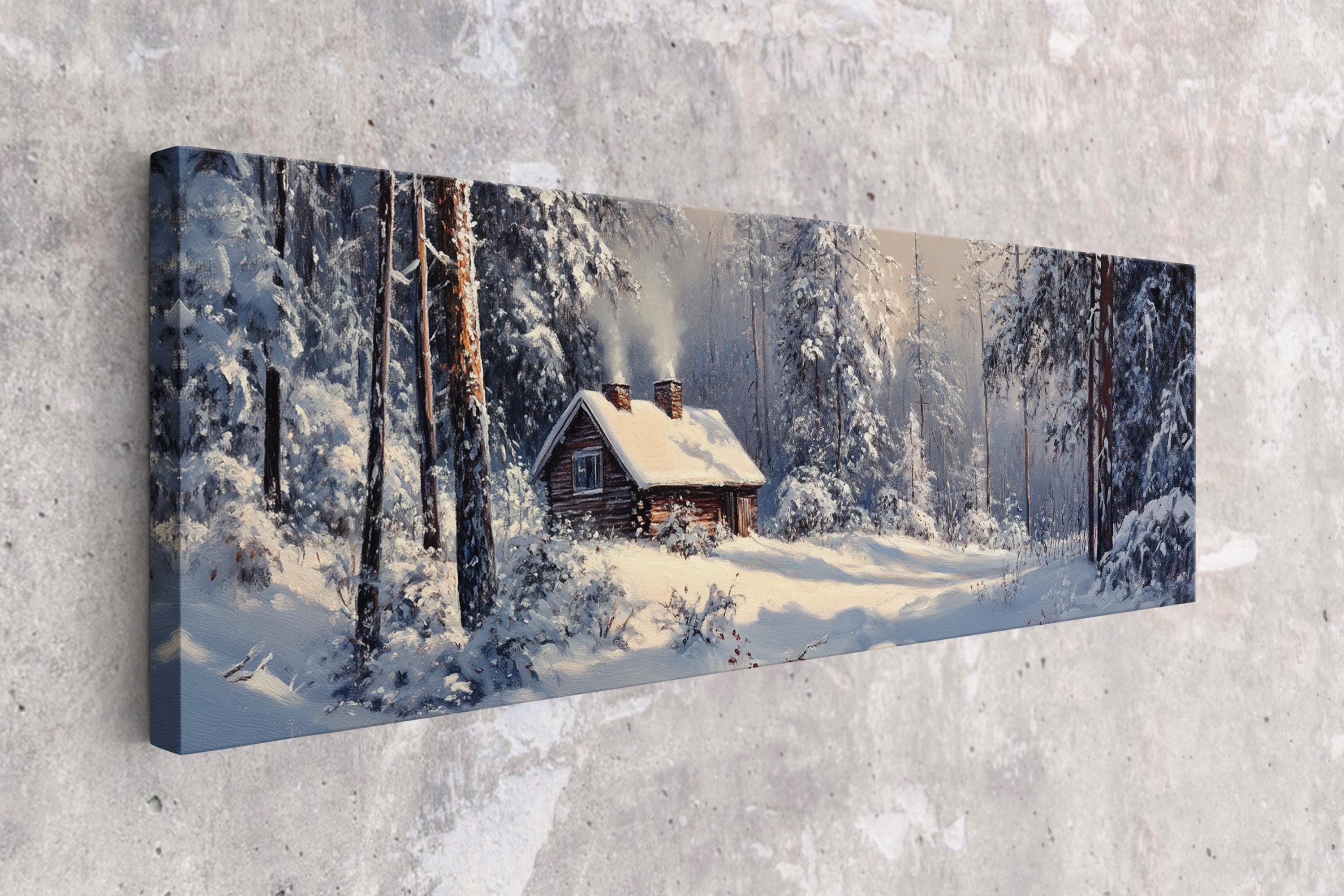 a painting of a cabin in a snowy forest