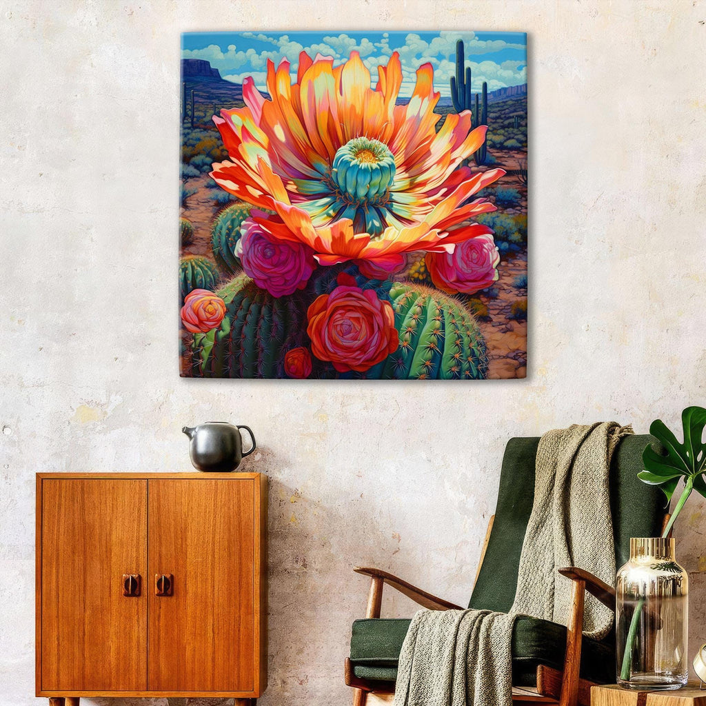 a vibrant painting of a cactus garden, with a large, colorful flower at the center. The painting is hung on a wall above a wooden cabinet and a green armchair, creating a cozy and inviting atmosphere in the room.