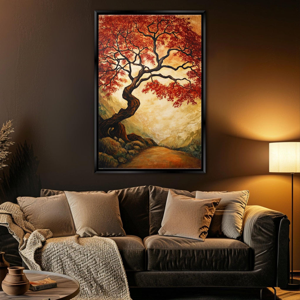 a living room with a couch and a painting on the wall