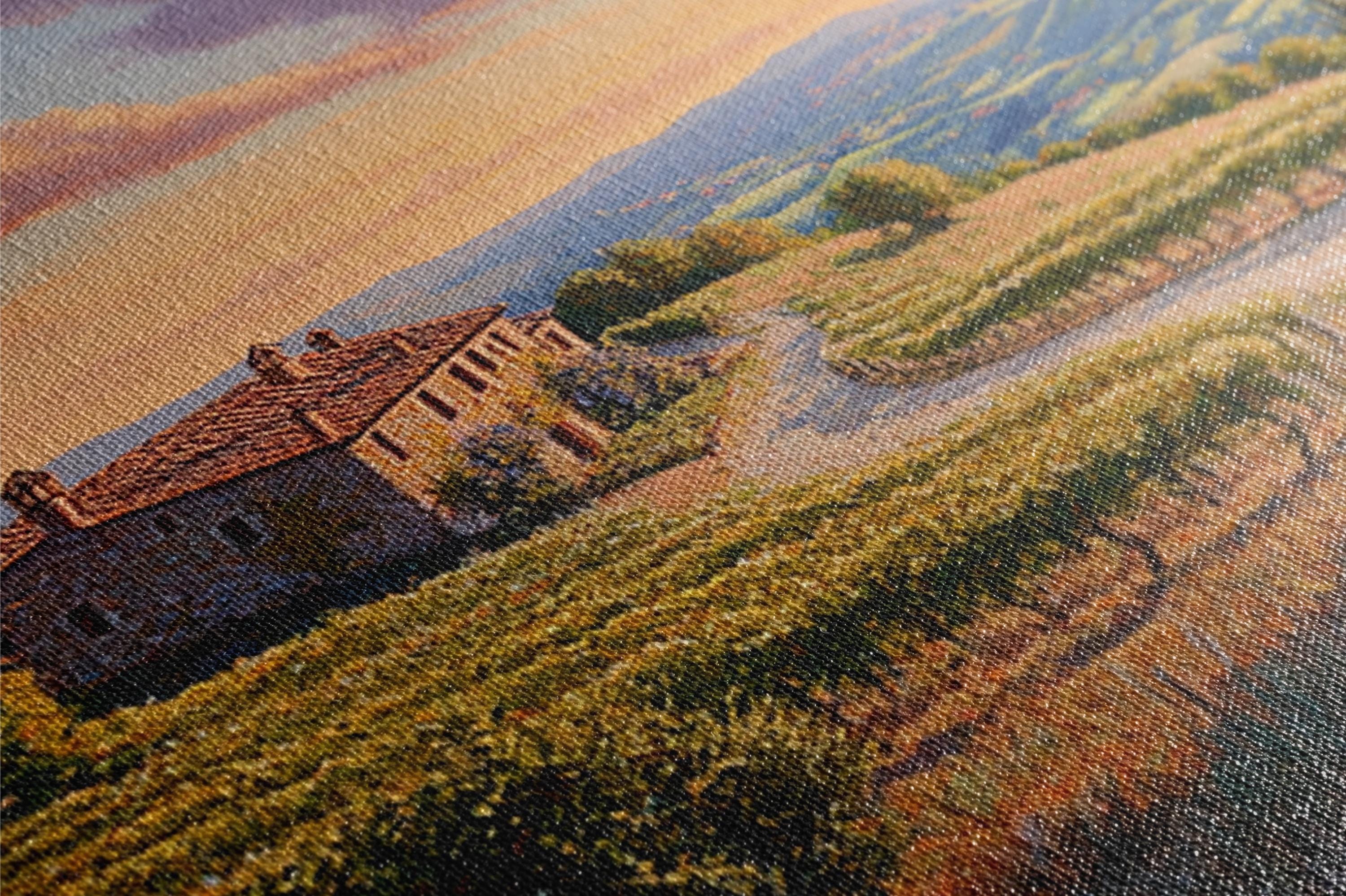 a painting of a house on a hill