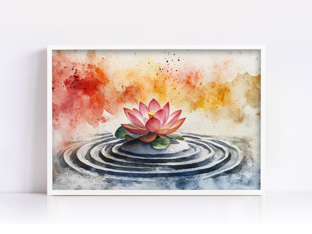 A watercolor painting of a pink lotus flower floating on a circular ripple in a pond, with splashes of red, orange, and yellow paint in the background.