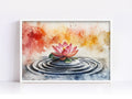 A watercolor painting of a pink lotus flower floating on a circular ripple in a pond, with splashes of red, orange, and yellow paint in the background.