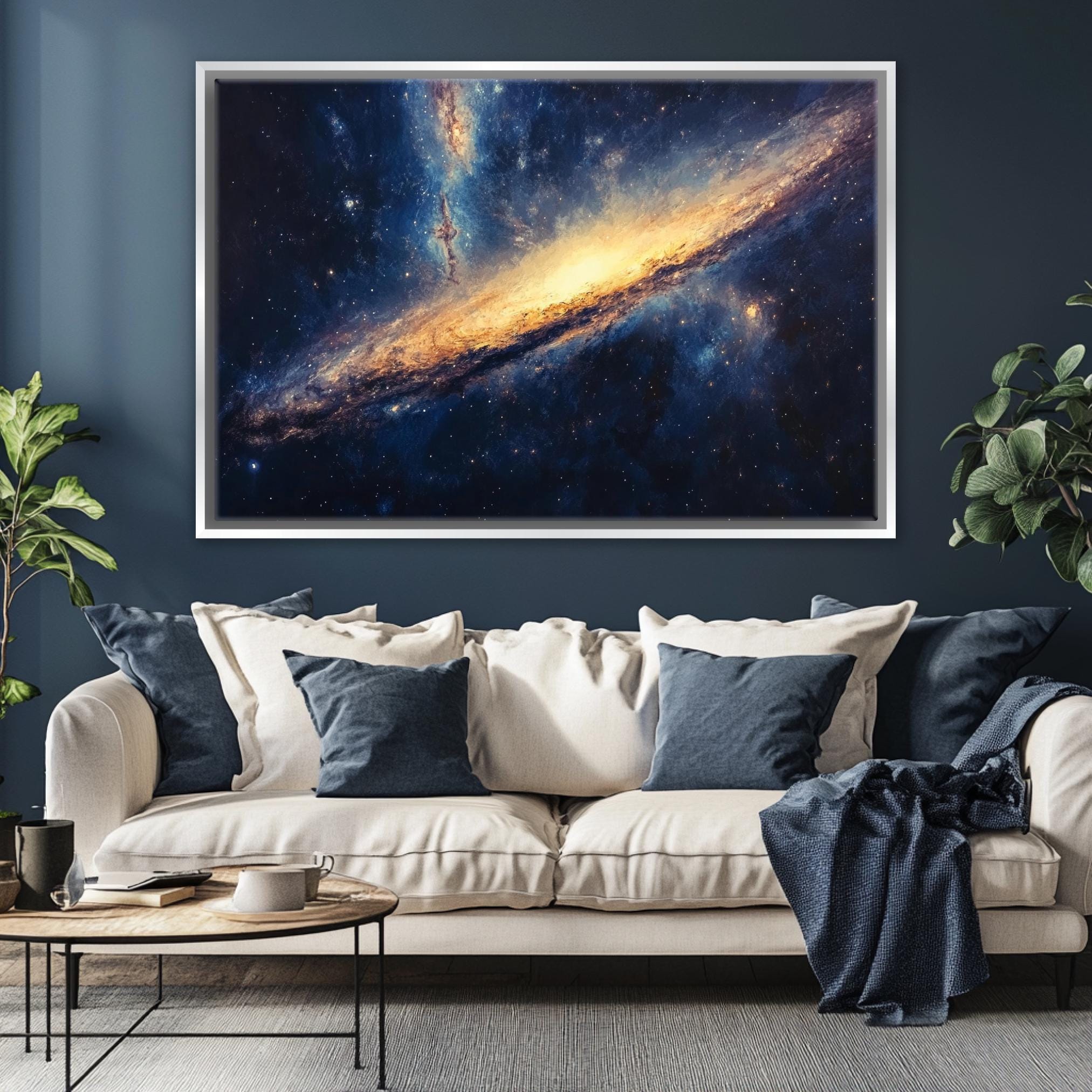 a living room with a couch and a painting on the wall