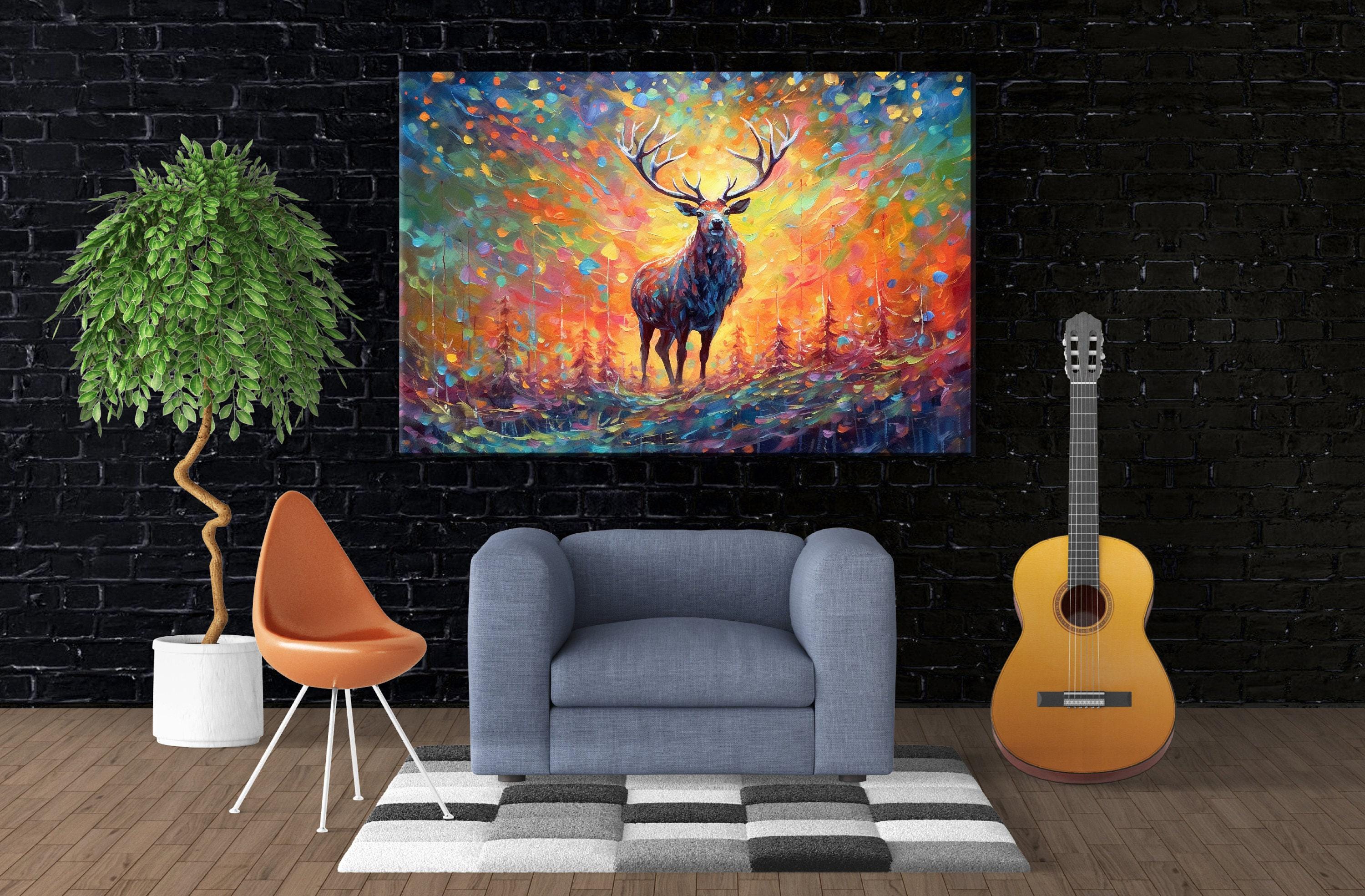 Colorful Reindeer Painting - Large Christmas Canvas Art | Rustic Holiday Wall Decor
