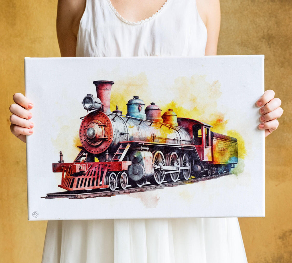 Train Travel Dreams: Watercolor Locomotive Painting, Giclee Print on Canvas, Artist Paper, Watercolor Paper, Available in Extra Large Sizes
