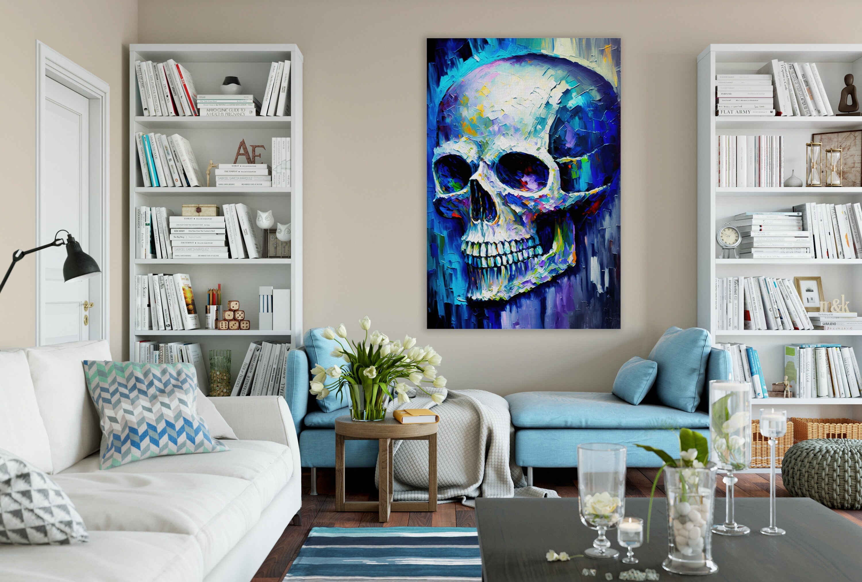 Skull Canvas Art – Blue Skull Painting | Thick Paint, Gallery Ready Canvas Wall Art